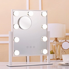 PULOMI Hollywood Vanity Mirror with Light,Tabletop Makeup Mirror with 9 LED Lights Smart Touch Control 3 Colors Light 360°Rotation,Detachable 10x Magnification Mirror