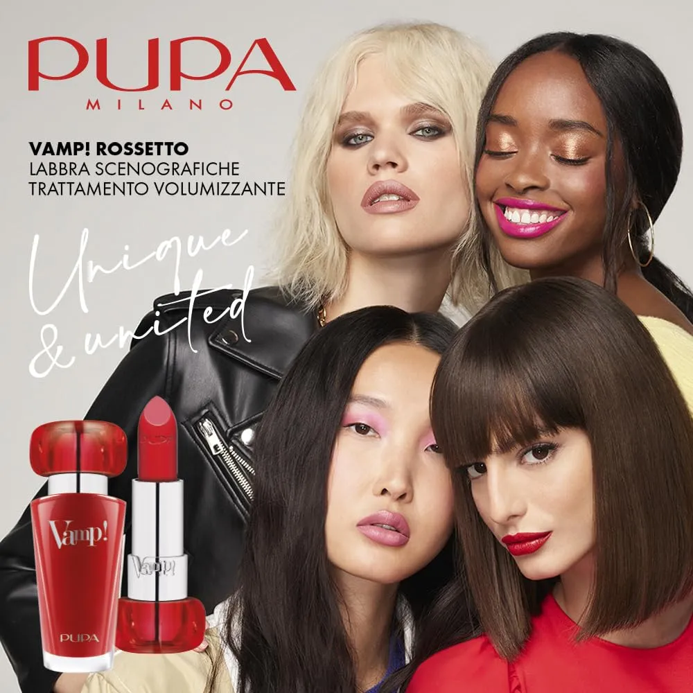 Pupa Milano Vamp! Extreme Colour Lipstick With Plumping Treatment - For Fuller, Defined Lips - Adds Incredible, Deep Color To Lips - Soft Texture Adheres Perfectly - 302 Ruby Red - 0.123 Oz