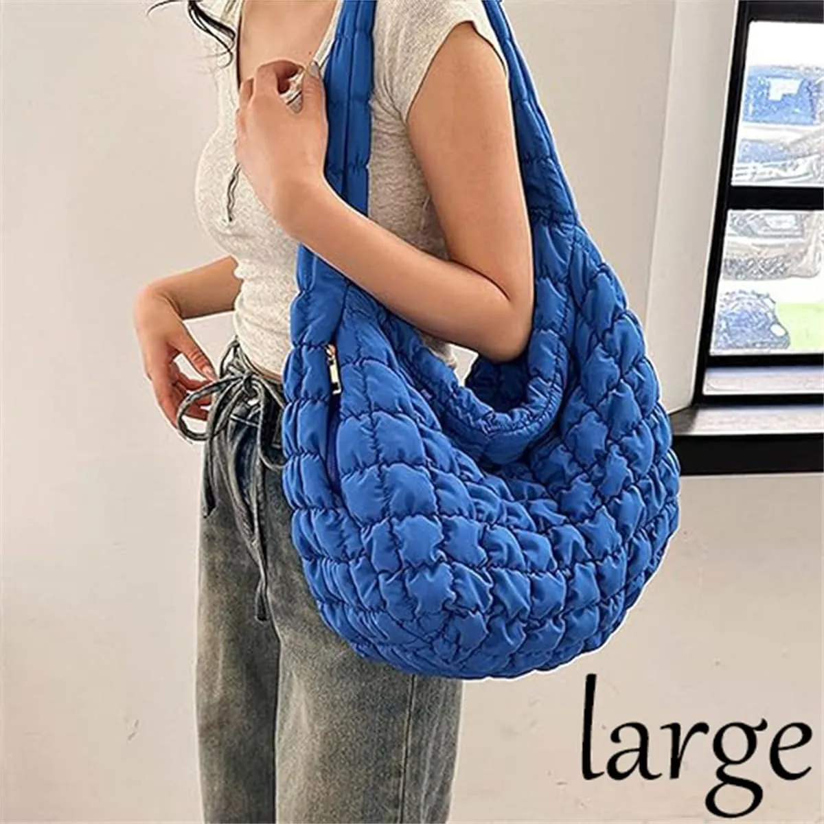 Quilted Tote Bag for Women Puffer Crossbody Bag with Zipper Nylon Hobos Shoulder Bag