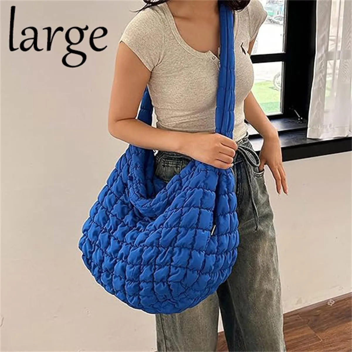 Quilted Tote Bag for Women Puffer Crossbody Bag with Zipper Nylon Hobos Shoulder Bag
