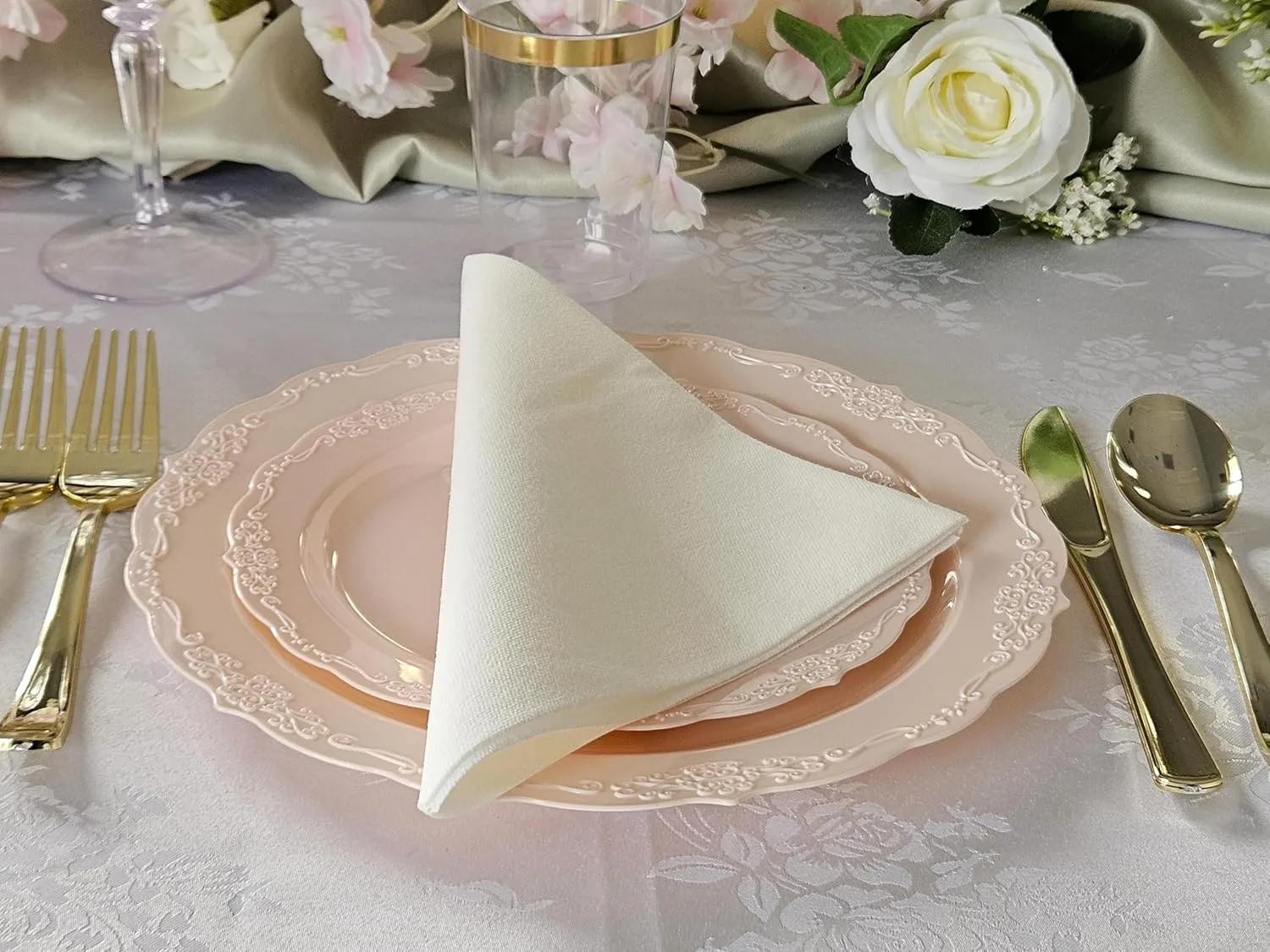 " OCCASIONS " 40 Plates Pack, Disposable Vintage Wedding Party Plastic Plates (10'' Dinner Plate, Verona in Blush)