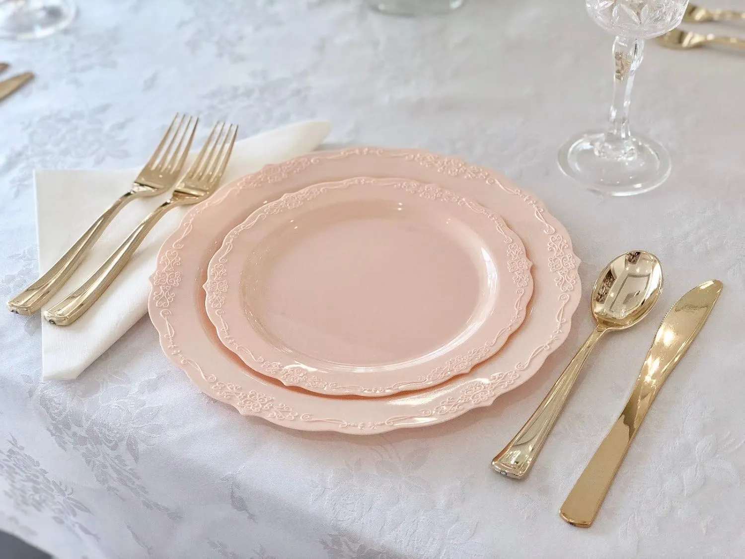 " OCCASIONS " 40 Plates Pack, Disposable Vintage Wedding Party Plastic Plates (10'' Dinner Plate, Verona in Blush)