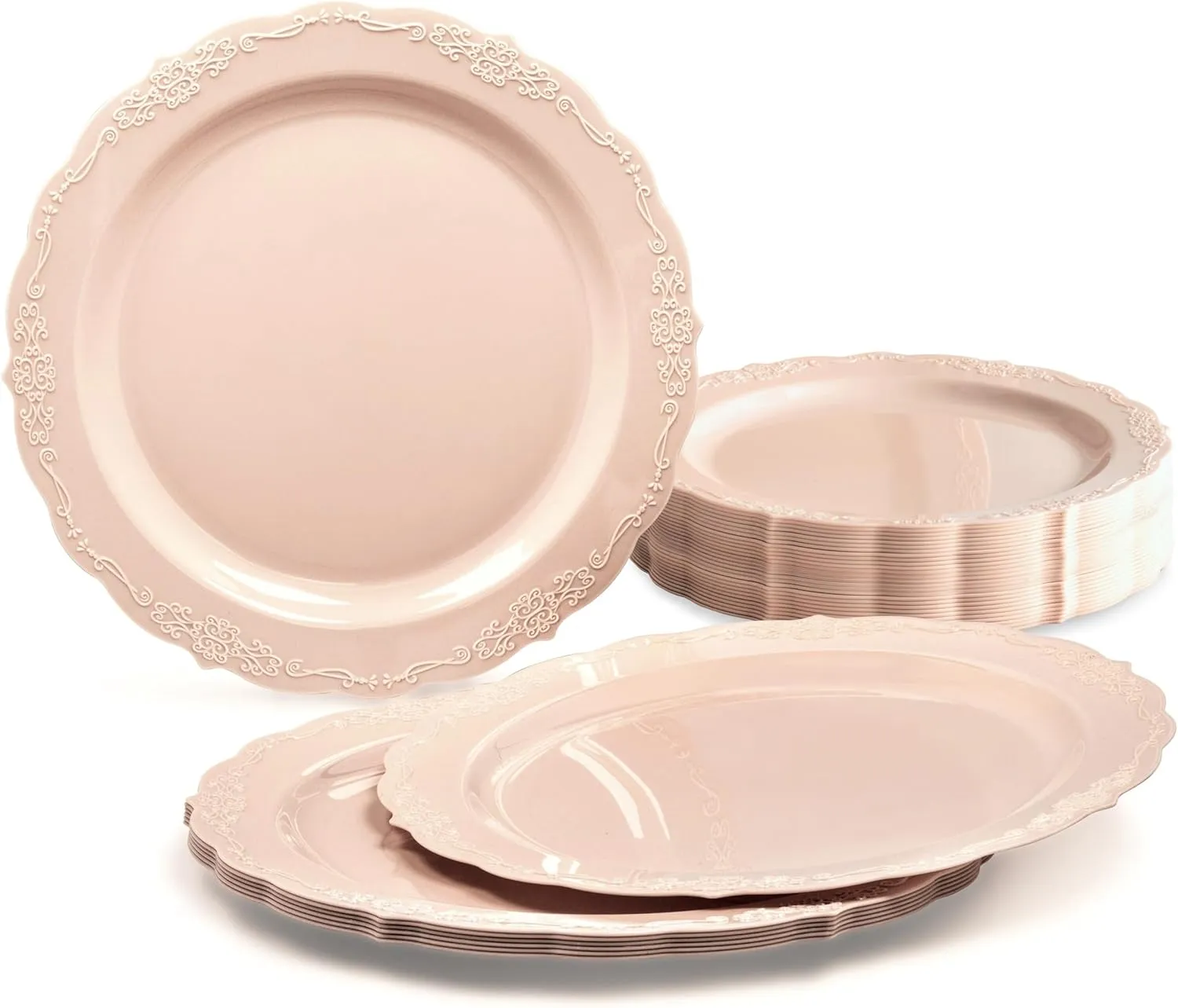 " OCCASIONS " 40 Plates Pack, Disposable Vintage Wedding Party Plastic Plates (10'' Dinner Plate, Verona in Blush)