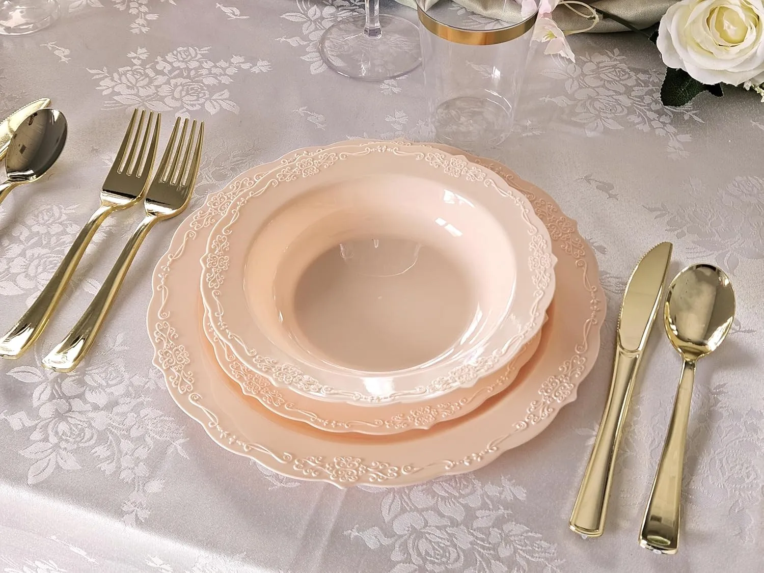 " OCCASIONS " 40 Plates Pack, Disposable Vintage Wedding Party Plastic Plates (10'' Dinner Plate, Verona in Blush)