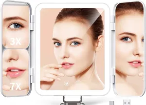 Rechargeable Lighted Makeup Mirror, Portable Led Vanity Mirror, Dimmable, Magnifying Glass 1X/3X/7X Magnification, Touch Control,Travel Cosmetic Mirror