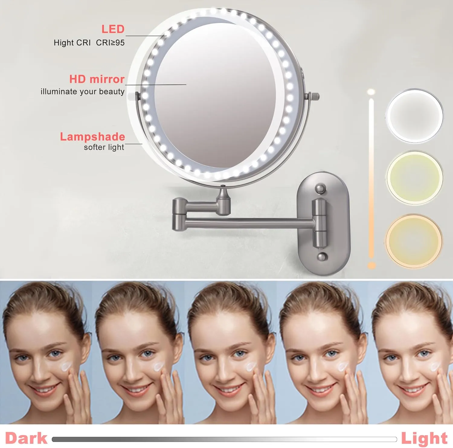 Rechargeable Wall Mounted Lighted Makeup Vanity Mirror with 10X/1X Magnification For Shaving, 8Inch Brushed Nickel Magnifying Mirror Makeup Wall Mounted with Light,13 Inch Extendable (8CB-N10X)