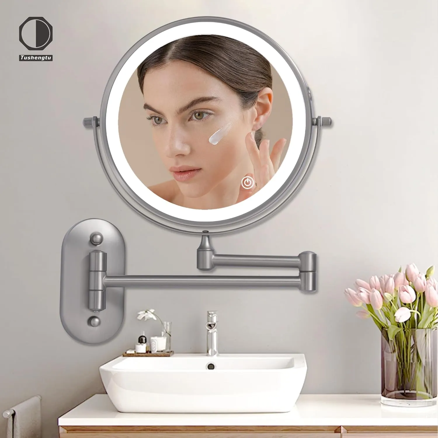 Rechargeable Wall Mounted Lighted Makeup Vanity Mirror with 10X/1X Magnification For Shaving, 8Inch Brushed Nickel Magnifying Mirror Makeup Wall Mounted with Light,13 Inch Extendable (8CB-N10X)