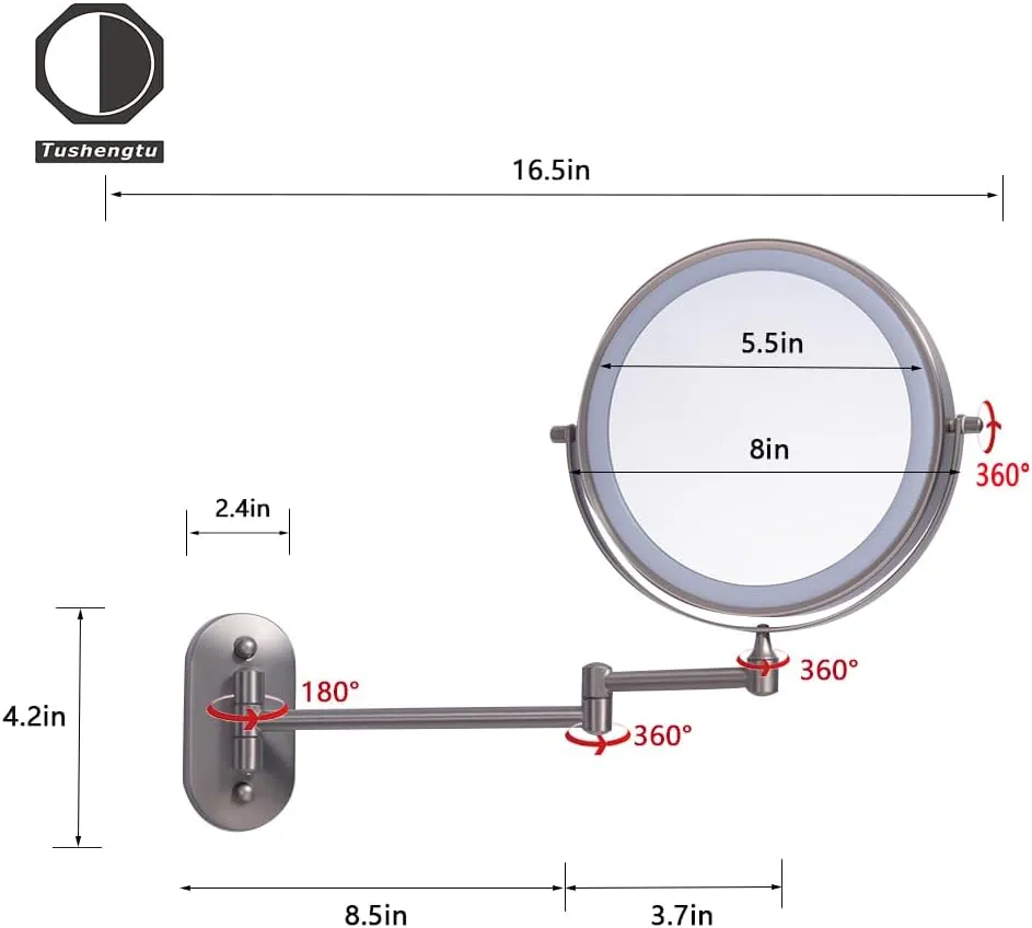 Rechargeable Wall Mounted Lighted Makeup Vanity Mirror with 10X/1X Magnification For Shaving, 8Inch Brushed Nickel Magnifying Mirror Makeup Wall Mounted with Light,13 Inch Extendable (8CB-N10X)