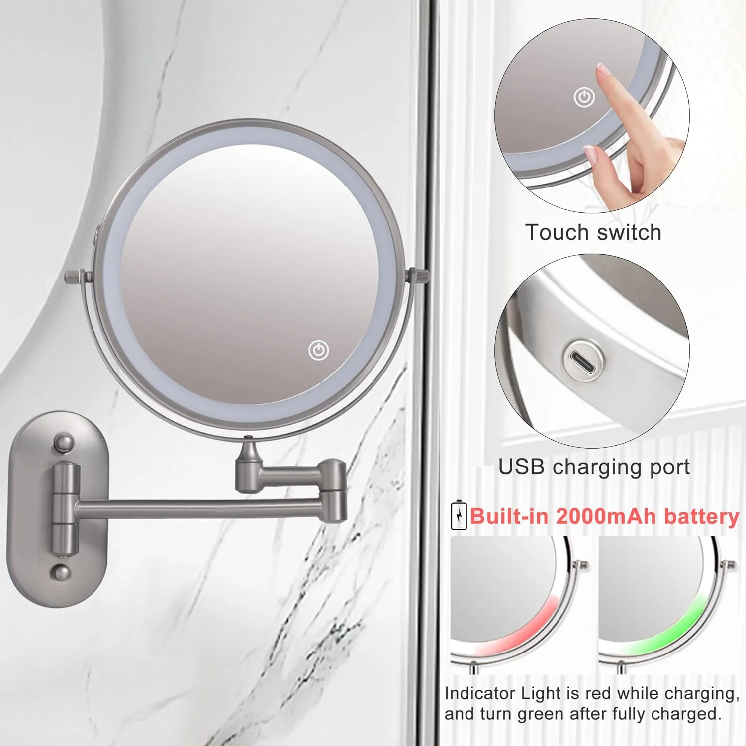Rechargeable Wall Mounted Lighted Makeup Vanity Mirror with 10X/1X Magnification For Shaving, 8Inch Brushed Nickel Magnifying Mirror Makeup Wall Mounted with Light,13 Inch Extendable (8CB-N10X)