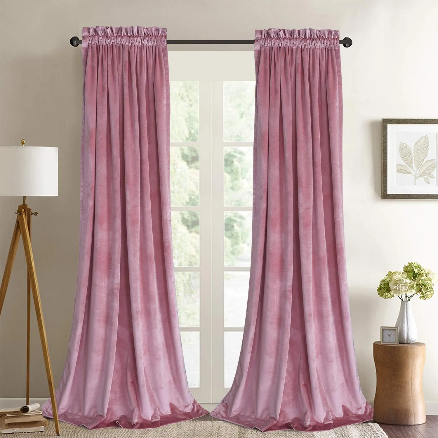 Roslynwood Velvet Curtain Panels Blush Window Super Soft Luxury Drapes for Bedroom Thermal Insulated Rod Pocket Curtain for Living Room (2 Panels, 52 by 108 Inch)