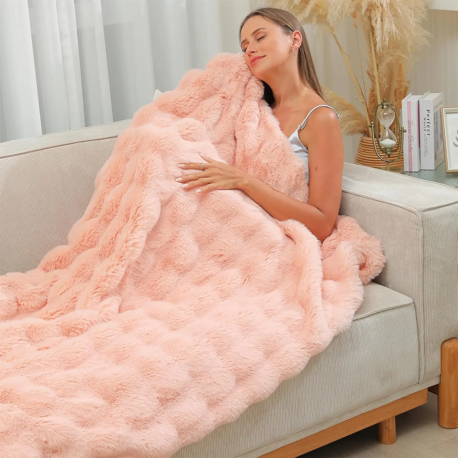 RYNGHIPY Faux Rabbit Fur Bed Throws, Fluffy Warm Throw Blanket for Sofa Couch, Soft Plush Decorative Blanket Thick and Heavy, Cute Bubble Furry Blanket (Blush, 51''x63'')