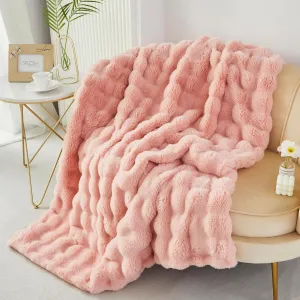 RYNGHIPY Faux Rabbit Fur Bed Throws, Fluffy Warm Throw Blanket for Sofa Couch, Soft Plush Decorative Blanket Thick and Heavy, Cute Bubble Furry Blanket (Blush, 51''x63'')