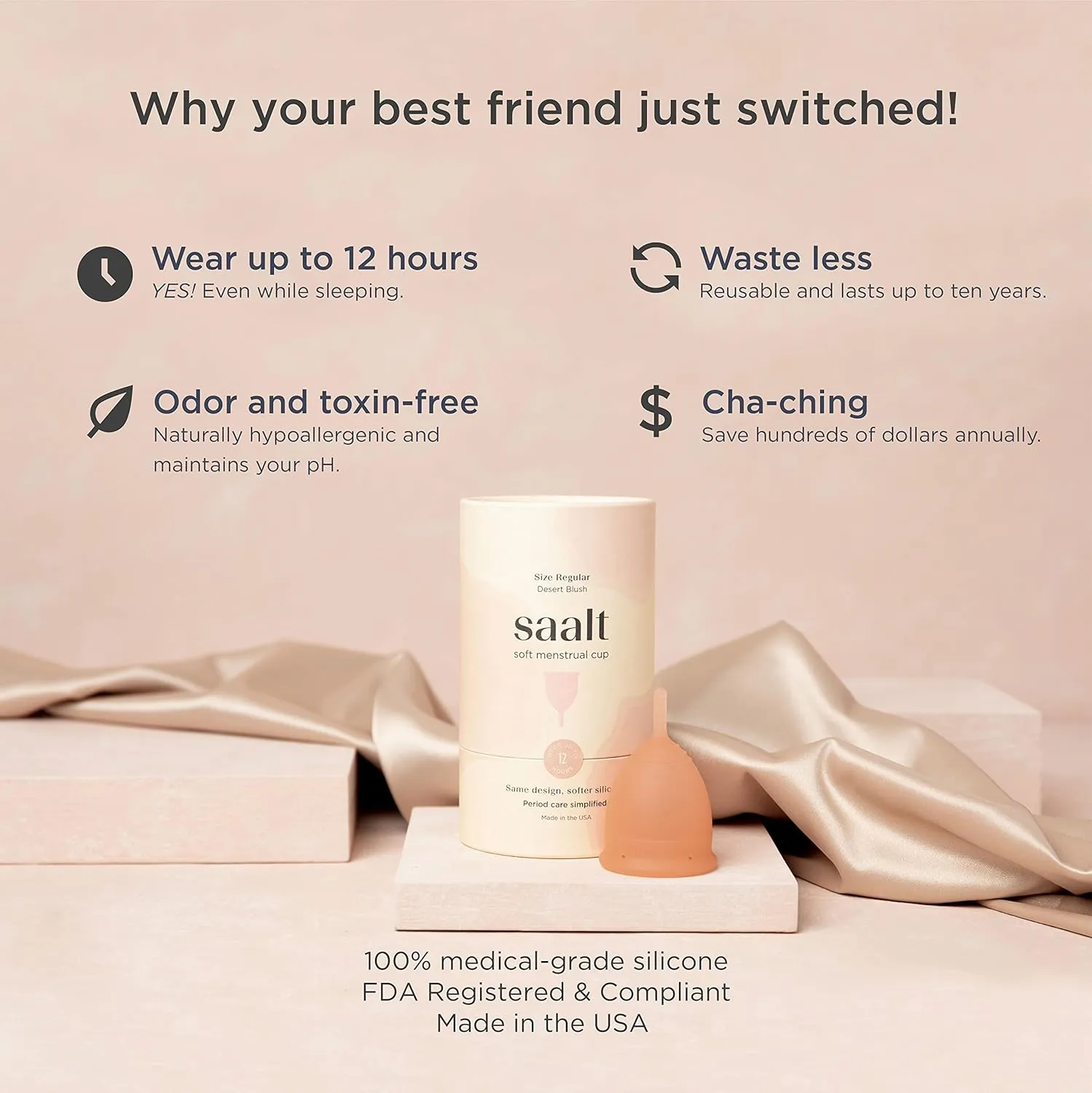 Saalt Soft Menstrual Cup – Reusable Period Cup – Made for Comfortable, Leak-Free Protection Up to 12 Hours – BPA & Latex Free – Includes Cup & Carry Bag (Regular, Desert Blush)