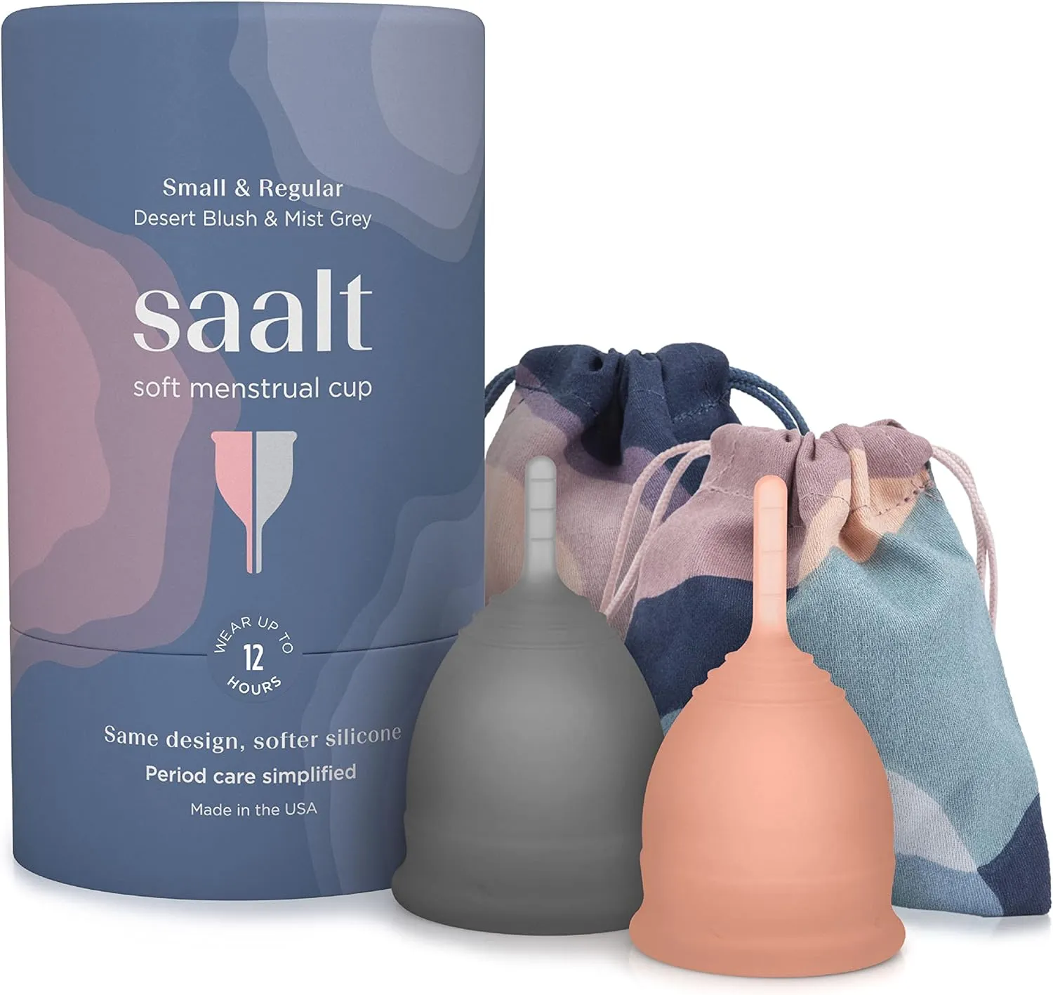 Saalt Soft Menstrual Cup – Reusable Period Cup – Made for Comfortable, Leak-Free Protection Up to 12 Hours – BPA & Latex Free – Includes Cup & Carry Bag (Regular Grey/Small Desert Blush)