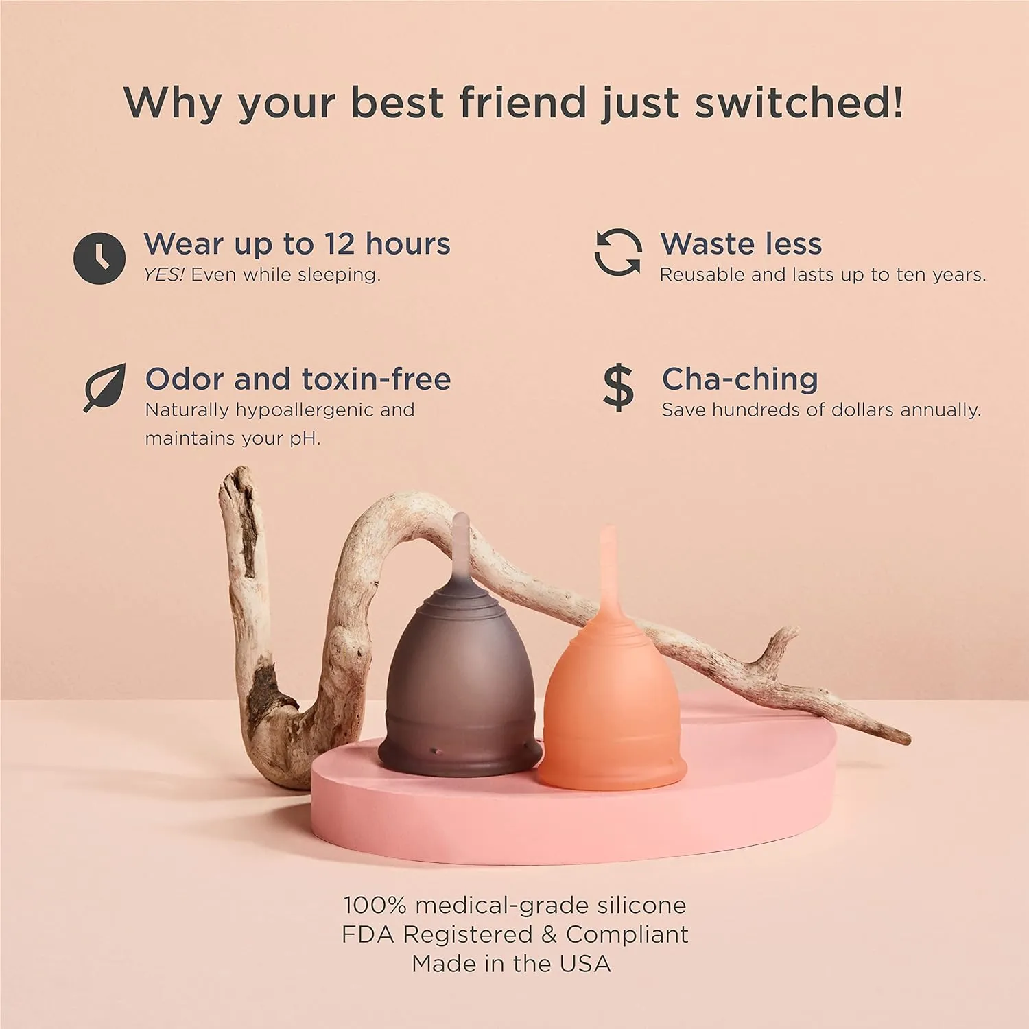 Saalt Soft Menstrual Cup – Reusable Period Cup – Made for Comfortable, Leak-Free Protection Up to 12 Hours – BPA & Latex Free – Includes Cup & Carry Bag (Regular Grey/Small Desert Blush)