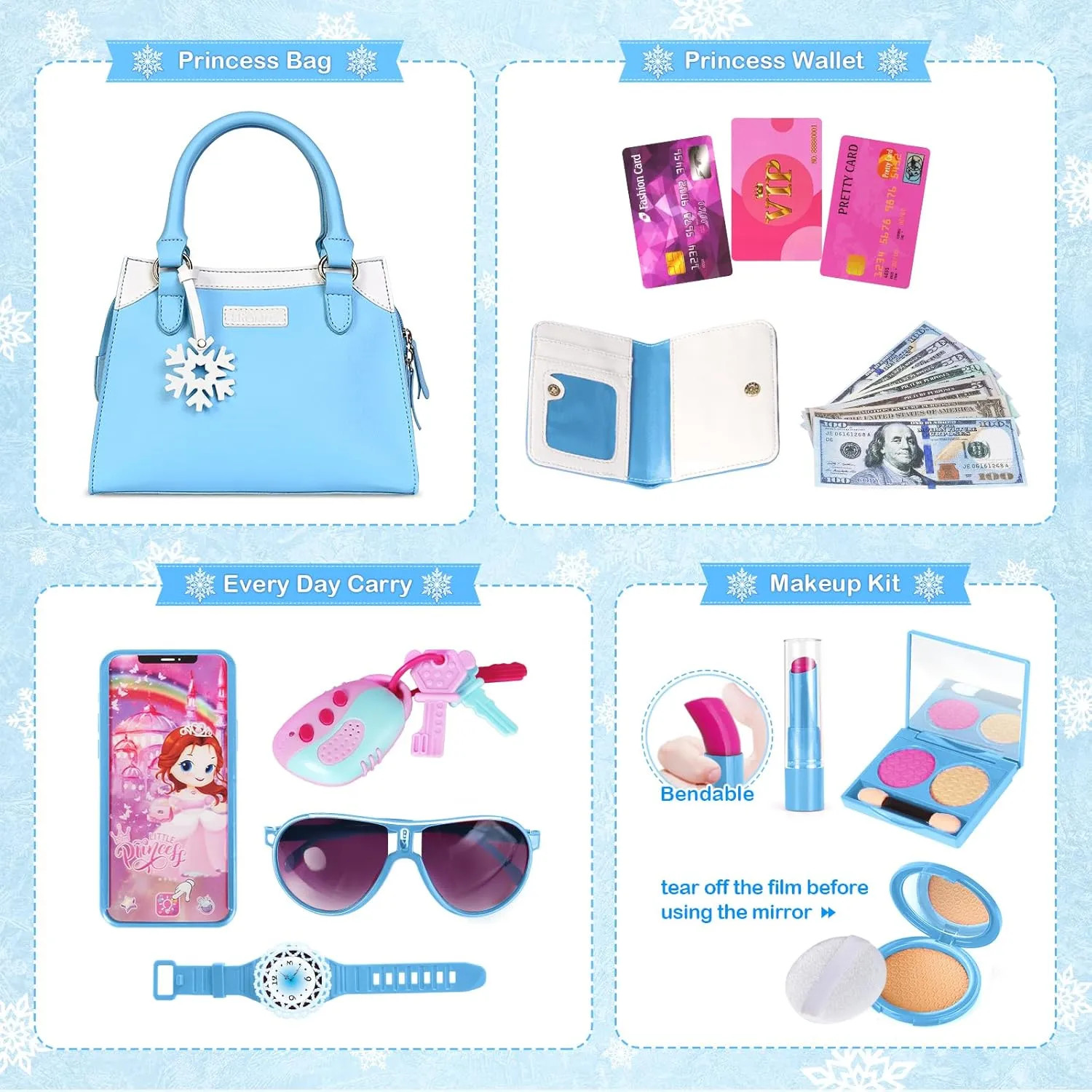 Shemira Play Purse for Little Girls, Princess Pretend Toys for Girls 3 4 5 6 7 8 Years Old, Christmas & Birthday Gift for Girls Age 3-5 4-6 6-8, Toddler Purse with Accessories, Kids Toy Purse, Blue