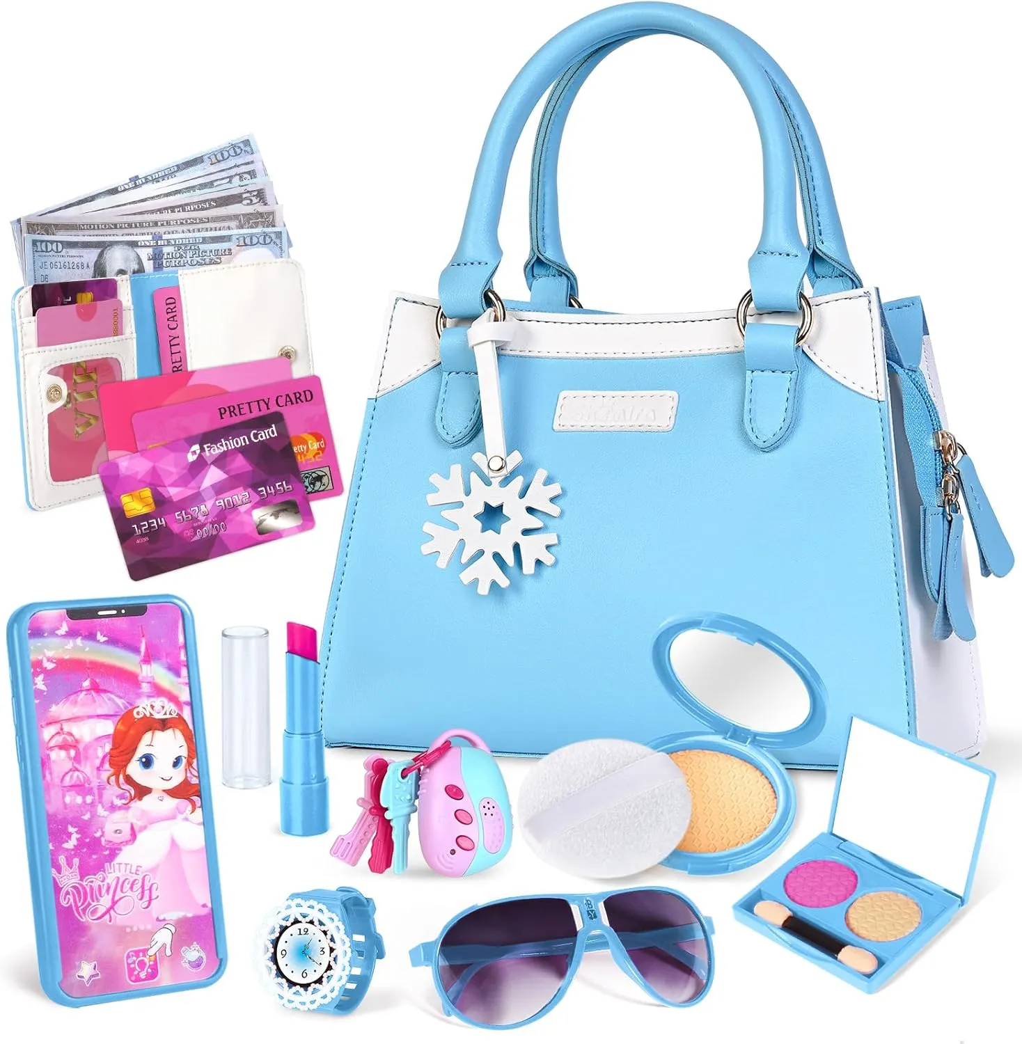 Shemira Play Purse for Little Girls, Princess Pretend Toys for Girls 3 4 5 6 7 8 Years Old, Christmas & Birthday Gift for Girls Age 3-5 4-6 6-8, Toddler Purse with Accessories, Kids Toy Purse, Blue