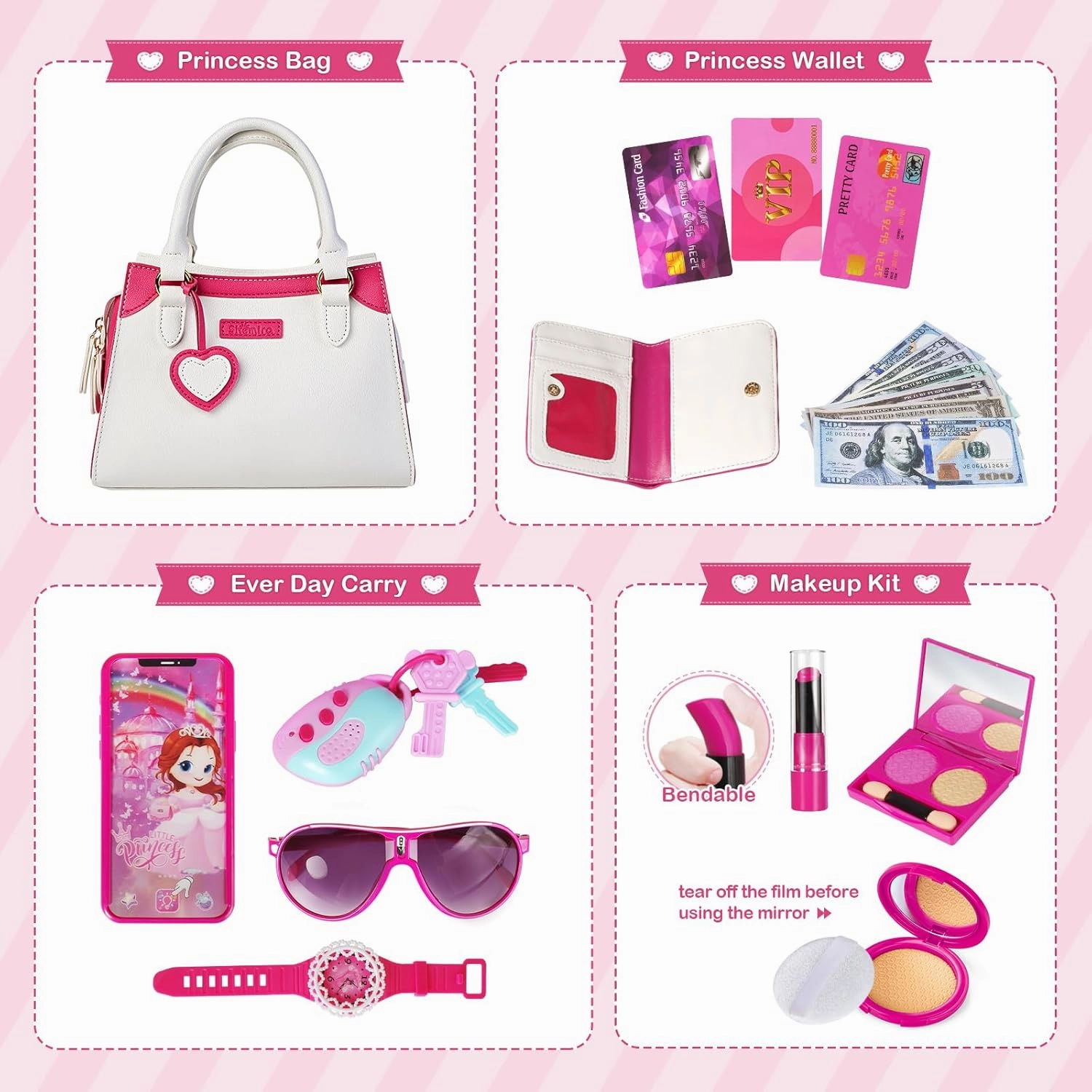 Shemira Play Purse for Little Girls, Princess Pretend Toys for Kids 3 4 5 6 7 8 Years Old, Christmas & Birthday Gift for Girls Age 3-5 4-6 6-8, Toddler Purse with Accessories, Kids Toy Purse, White