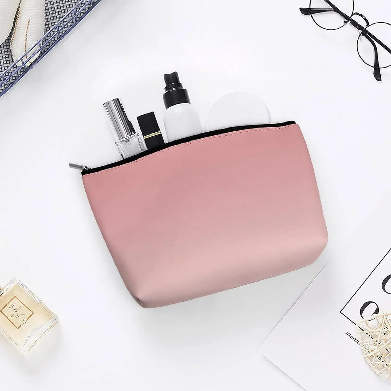 Small Cosmetic Bag, Rose Blush Ombre Makeup Bags Elegant Roomy Pouch for Women,Travel Toiletry Accessories Organizer