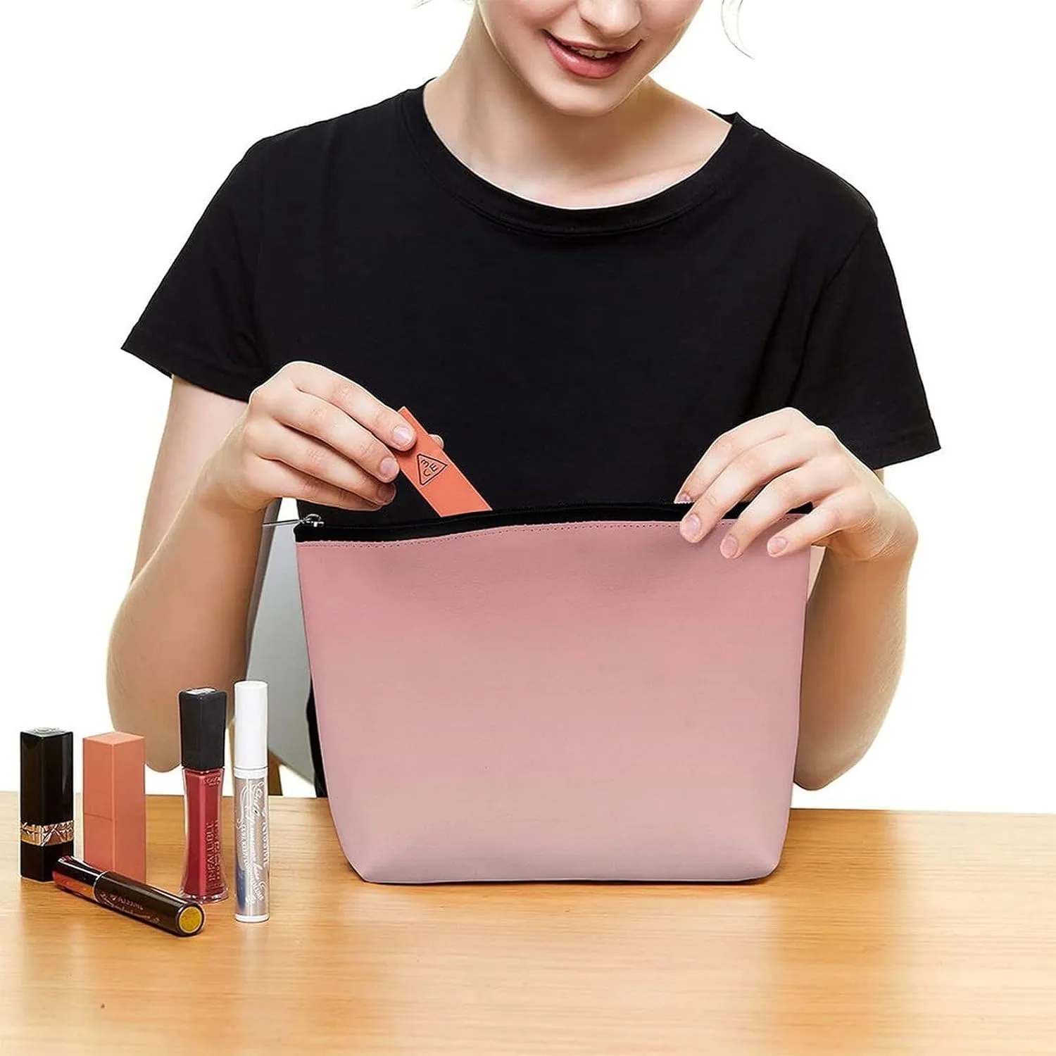 Small Cosmetic Bag, Rose Blush Ombre Makeup Bags Elegant Roomy Pouch for Women,Travel Toiletry Accessories Organizer