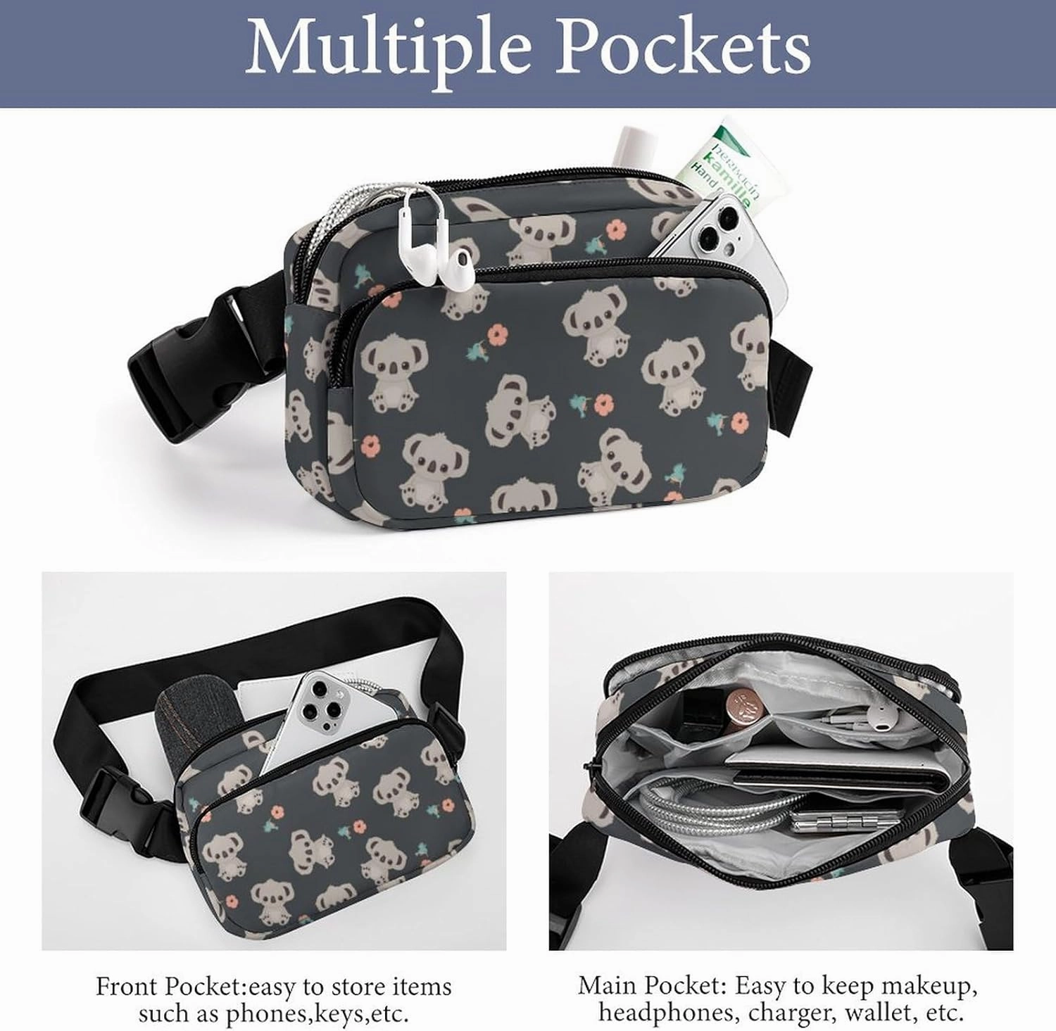 Small Fanny Pack Crossbody Waist Pouch with Adjustable Strap, Large Capacity & Water Resistant Waist Pack Floral Cute Cartoon Koala Belt Bag for Hiking Running Travel Cycling