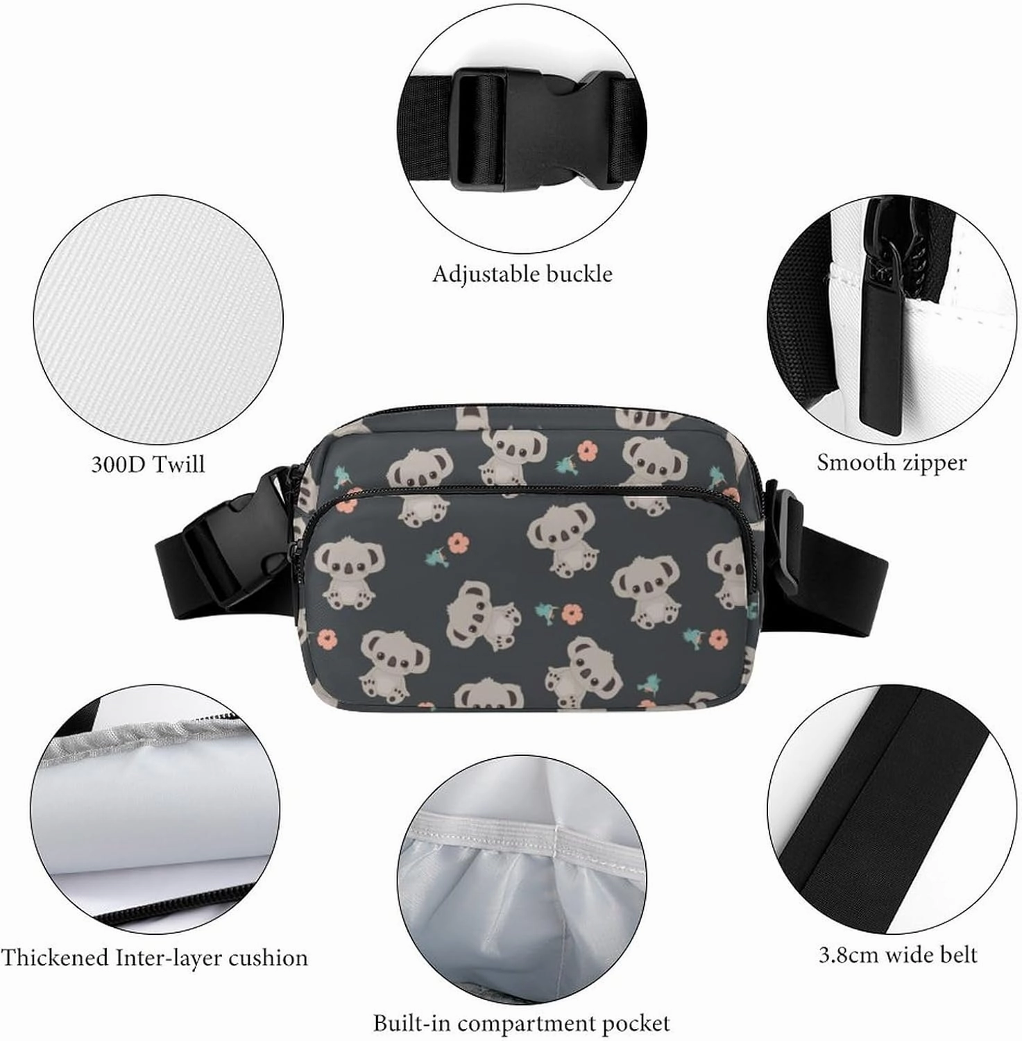 Small Fanny Pack Crossbody Waist Pouch with Adjustable Strap, Large Capacity & Water Resistant Waist Pack Floral Cute Cartoon Koala Belt Bag for Hiking Running Travel Cycling