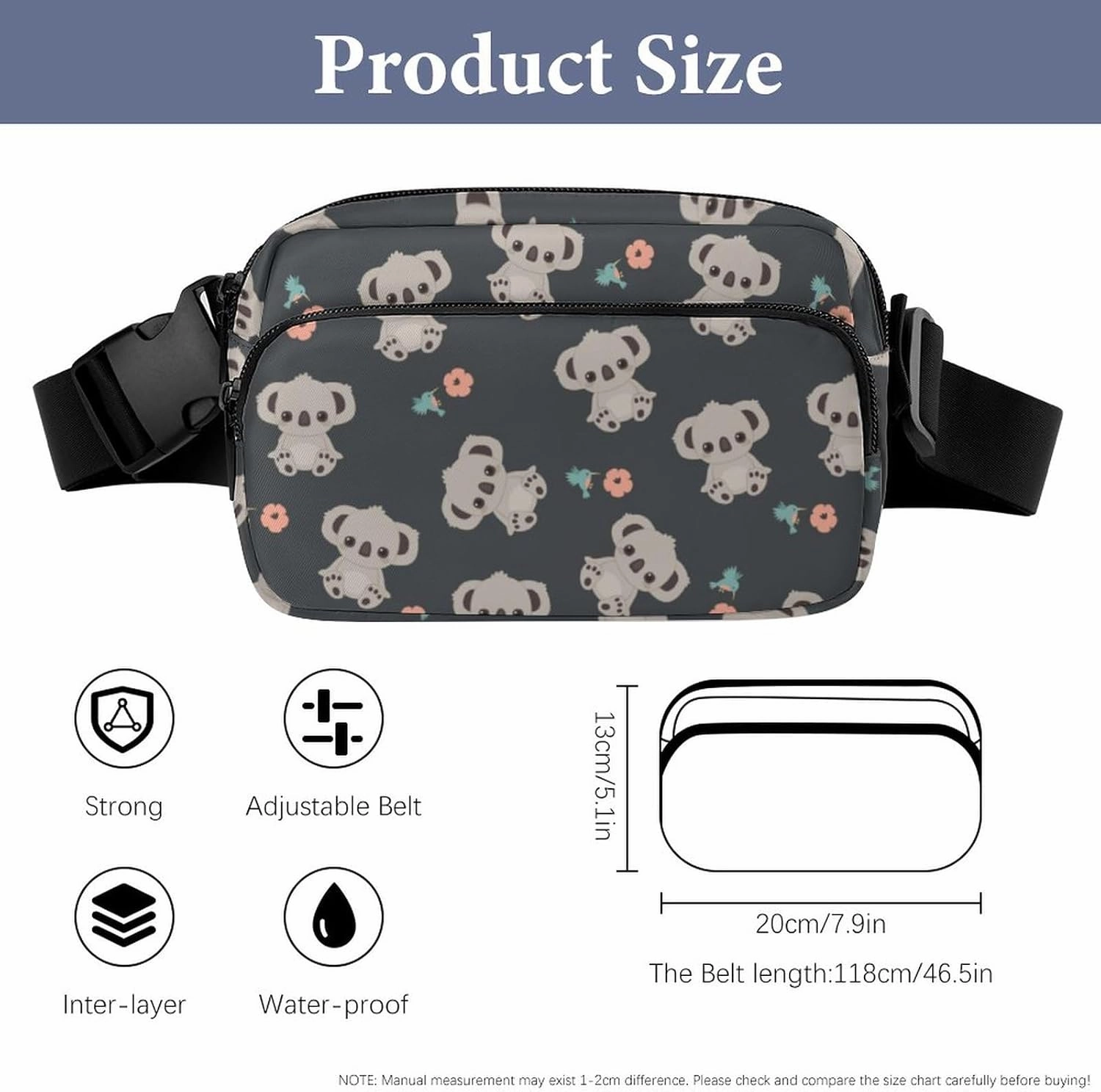 Small Fanny Pack Crossbody Waist Pouch with Adjustable Strap, Large Capacity & Water Resistant Waist Pack Floral Cute Cartoon Koala Belt Bag for Hiking Running Travel Cycling