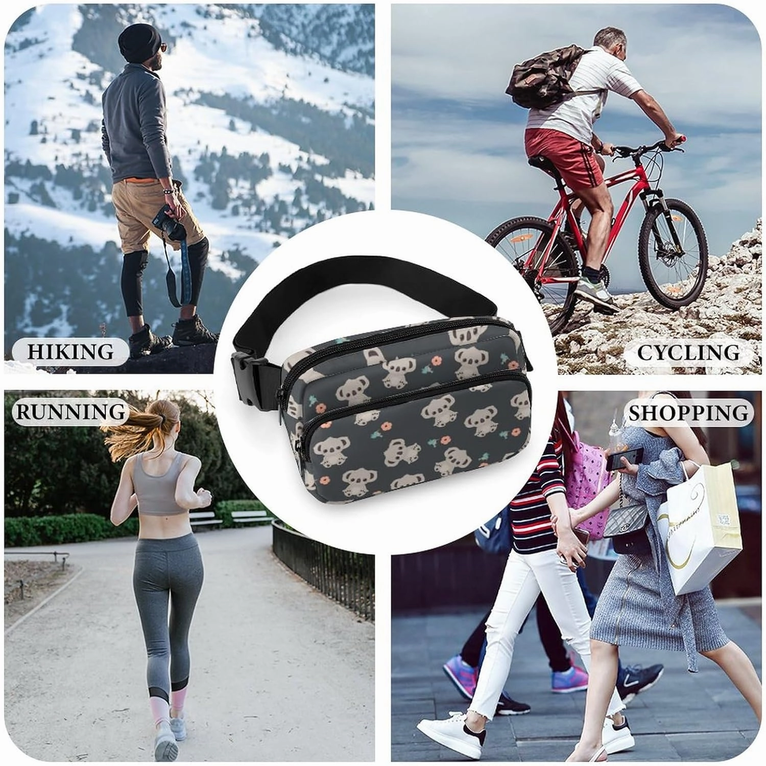 Small Fanny Pack Crossbody Waist Pouch with Adjustable Strap, Large Capacity & Water Resistant Waist Pack Floral Cute Cartoon Koala Belt Bag for Hiking Running Travel Cycling