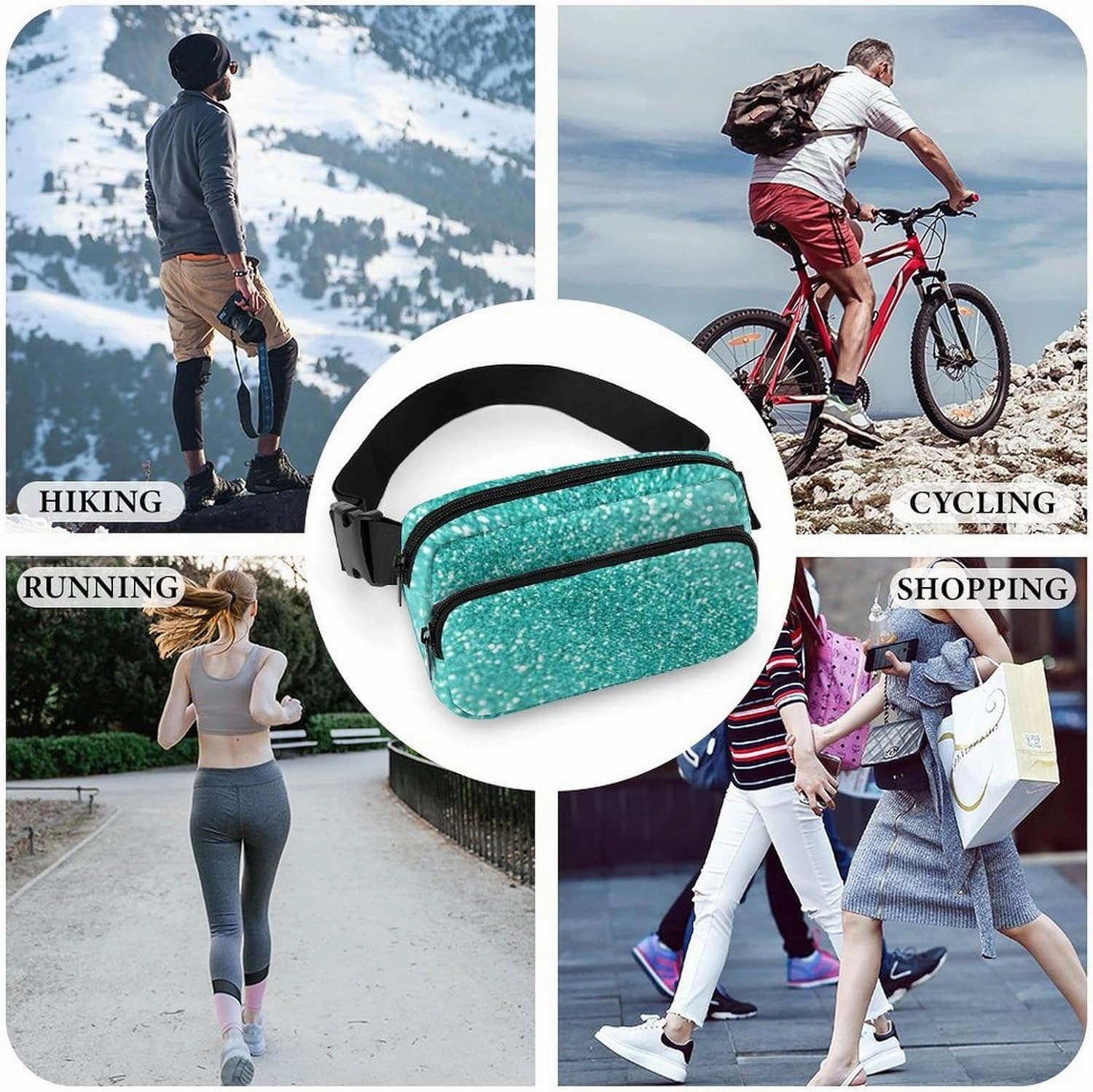 Small Fanny Pack Crossbody Waist Pouch with Adjustable Strap, Large Capacity & Water Resistant Waist Pack Teal Turquoise Green Glitter Sparkle Texture Belt Bag for Hiking Running Travel Cycling