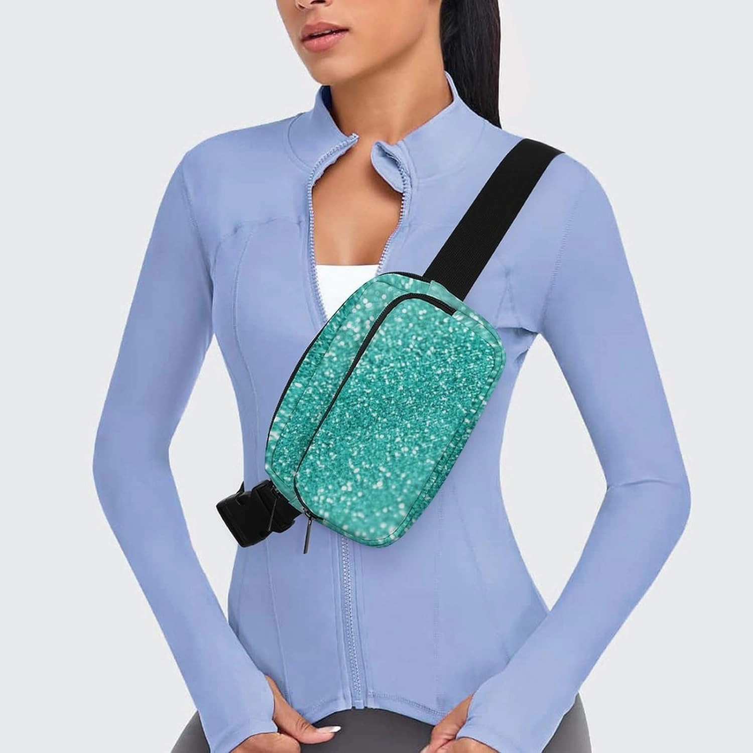 Small Fanny Pack Crossbody Waist Pouch with Adjustable Strap, Large Capacity & Water Resistant Waist Pack Teal Turquoise Green Glitter Sparkle Texture Belt Bag for Hiking Running Travel Cycling