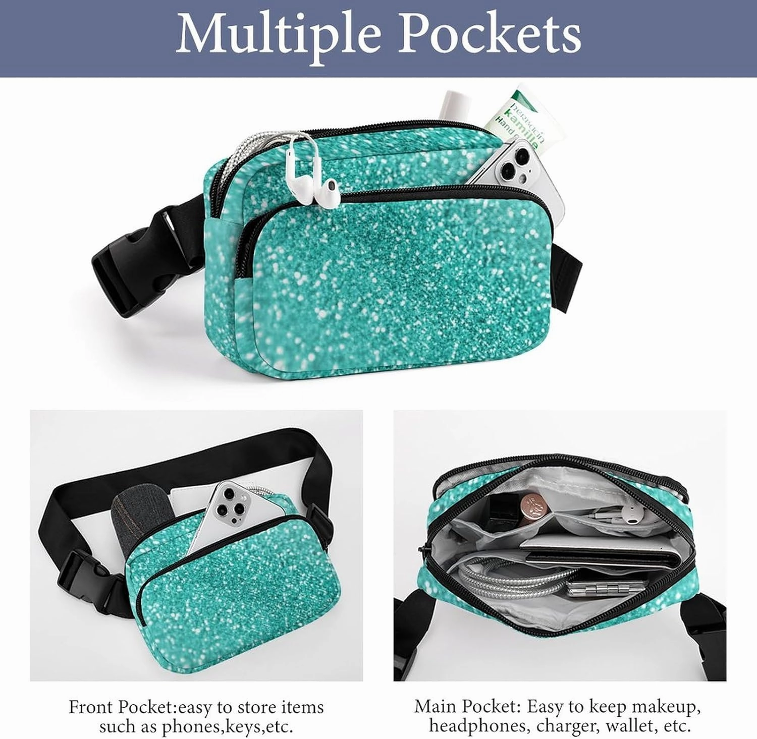 Small Fanny Pack Crossbody Waist Pouch with Adjustable Strap, Large Capacity & Water Resistant Waist Pack Teal Turquoise Green Glitter Sparkle Texture Belt Bag for Hiking Running Travel Cycling