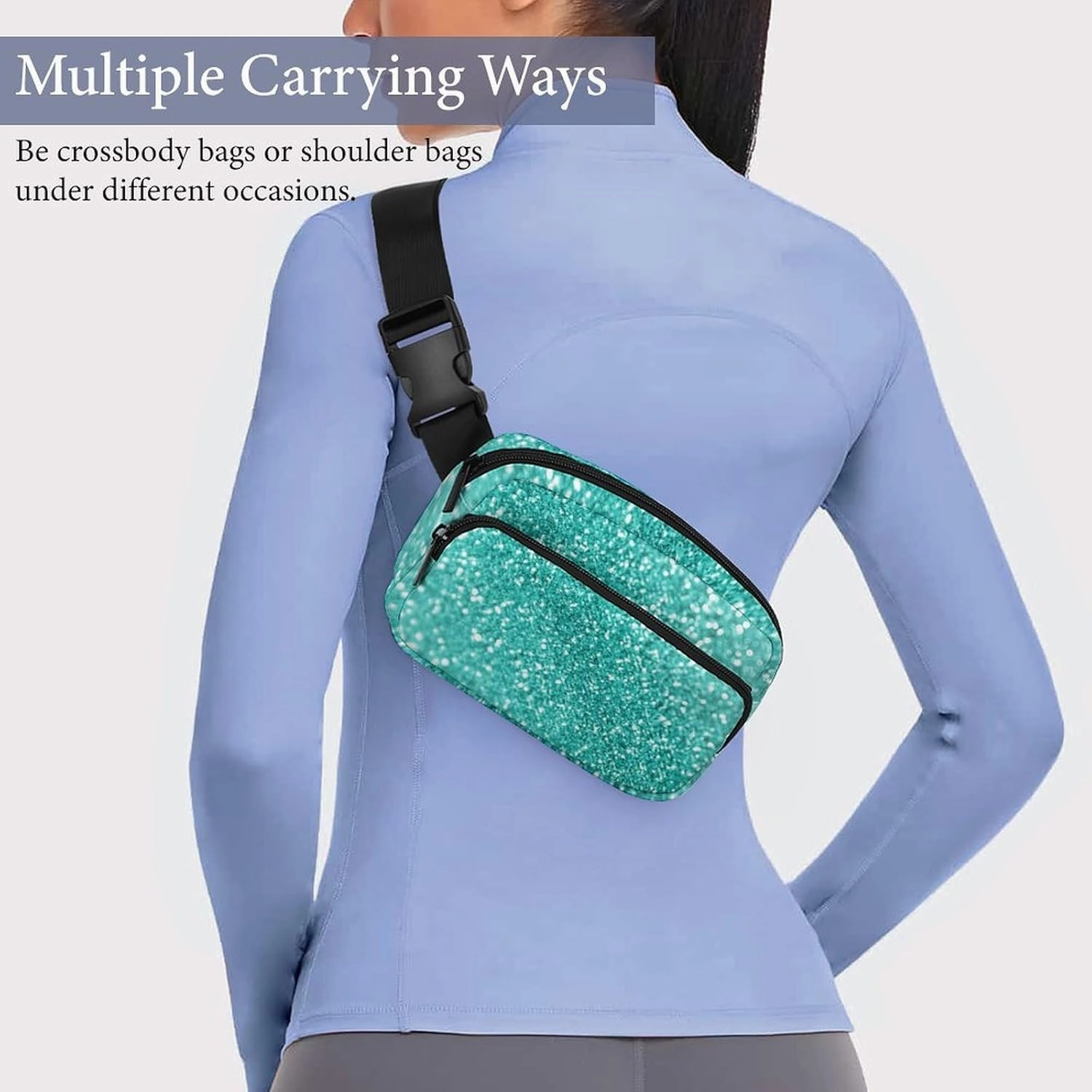 Small Fanny Pack Crossbody Waist Pouch with Adjustable Strap, Large Capacity & Water Resistant Waist Pack Teal Turquoise Green Glitter Sparkle Texture Belt Bag for Hiking Running Travel Cycling