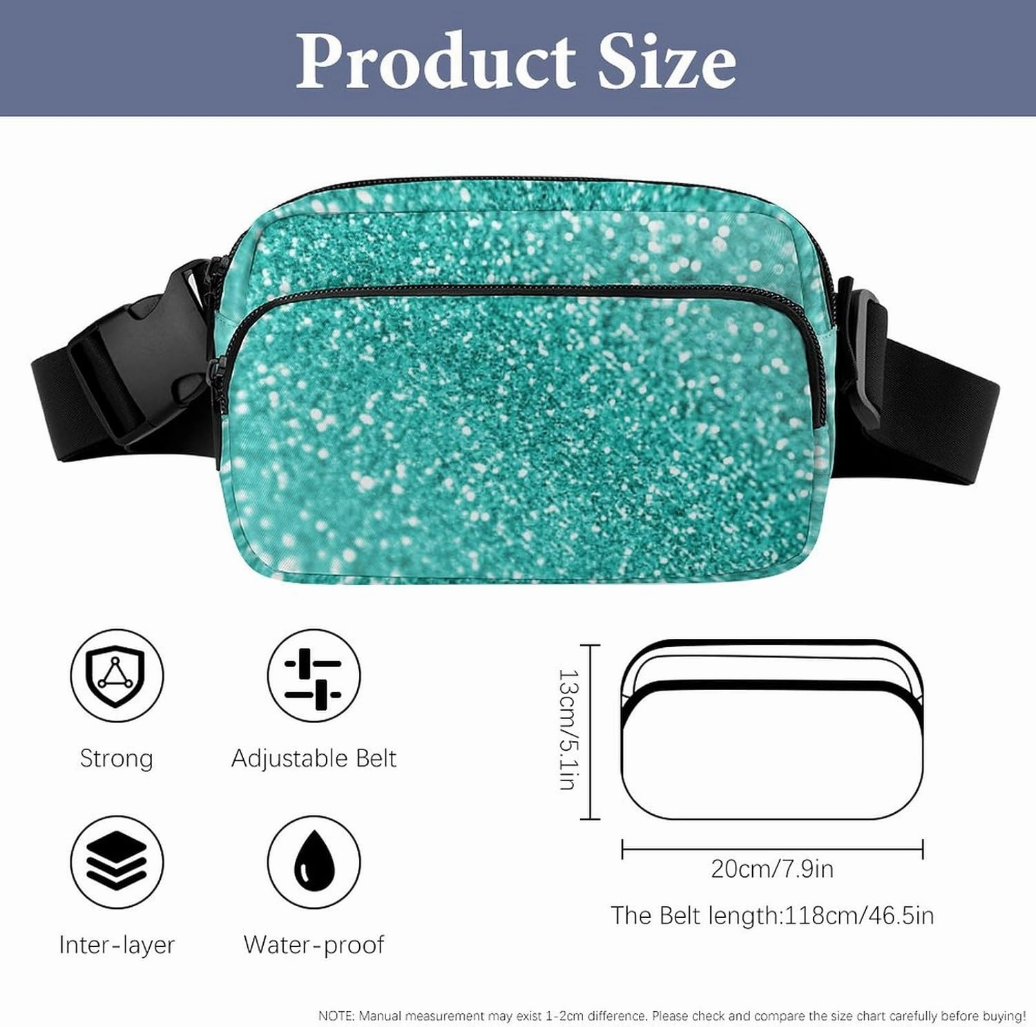 Small Fanny Pack Crossbody Waist Pouch with Adjustable Strap, Large Capacity & Water Resistant Waist Pack Teal Turquoise Green Glitter Sparkle Texture Belt Bag for Hiking Running Travel Cycling