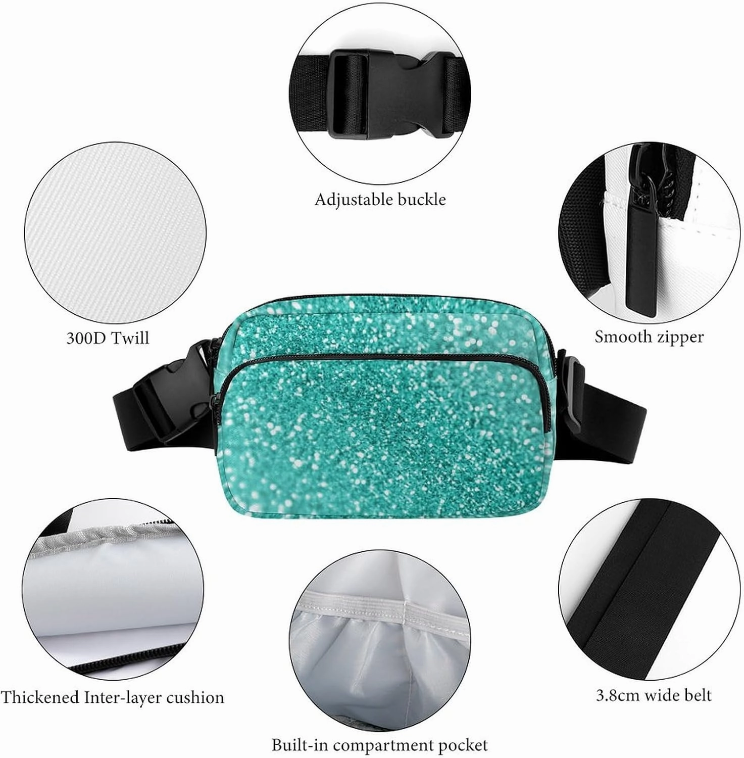 Small Fanny Pack Crossbody Waist Pouch with Adjustable Strap, Large Capacity & Water Resistant Waist Pack Teal Turquoise Green Glitter Sparkle Texture Belt Bag for Hiking Running Travel Cycling