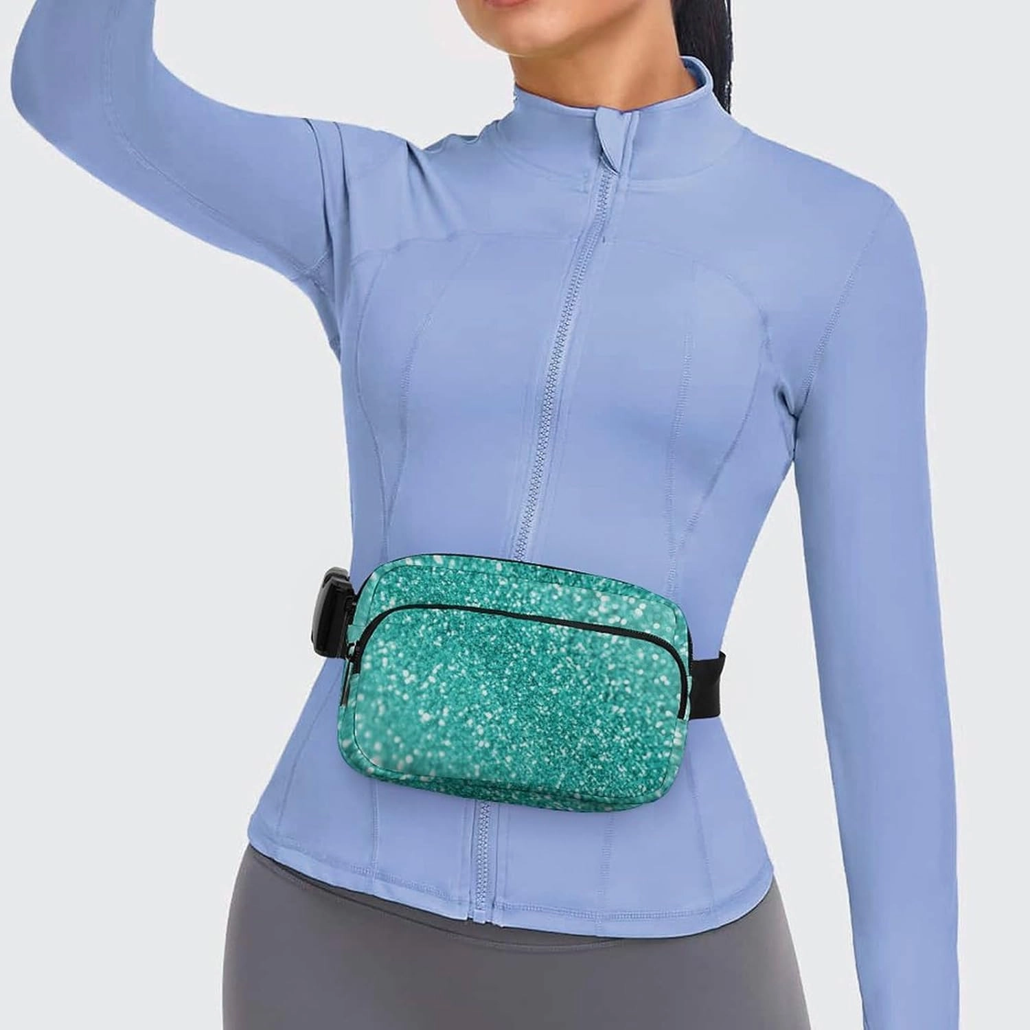 Small Fanny Pack Crossbody Waist Pouch with Adjustable Strap, Large Capacity & Water Resistant Waist Pack Teal Turquoise Green Glitter Sparkle Texture Belt Bag for Hiking Running Travel Cycling