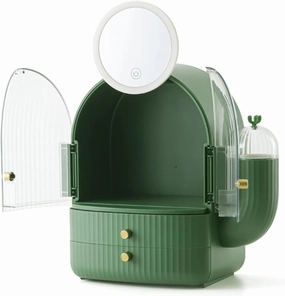 Smart Makeup Mirror Large-Capacity Cosmetic Dressing Table 3-Level Dimming Lipstick Brush Desktop Dresser High Definition Mirror Built-in Lighting (Color : Green)
