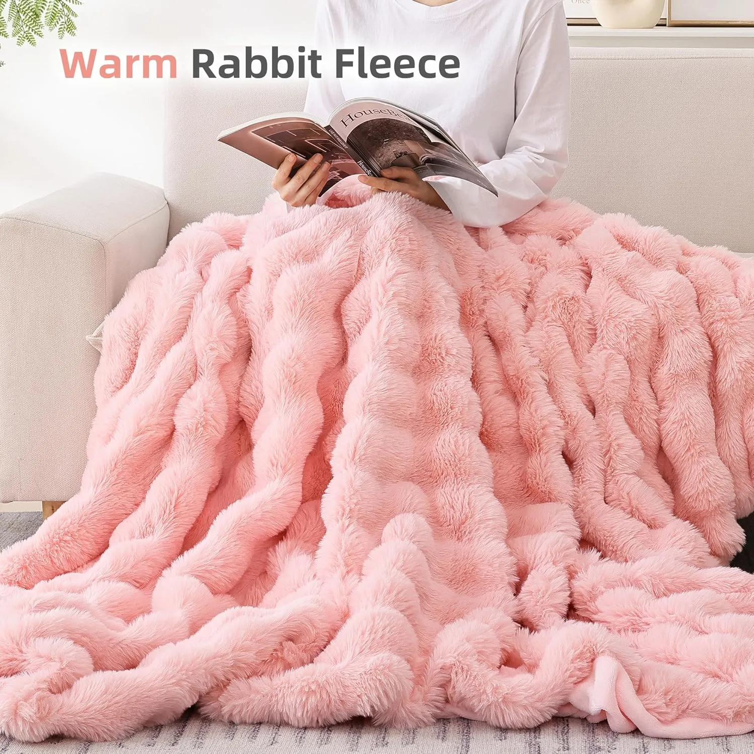 Smoofy Faux Fur Throw Blanket for Couch – Blush Pink Fluffy Cozy Rabbit Fleece, Plush Soft Bubble Blanket for Sofa & Bed, for Mom, Warm Fuzzy Home Room Decor Throw 50" x 60"
