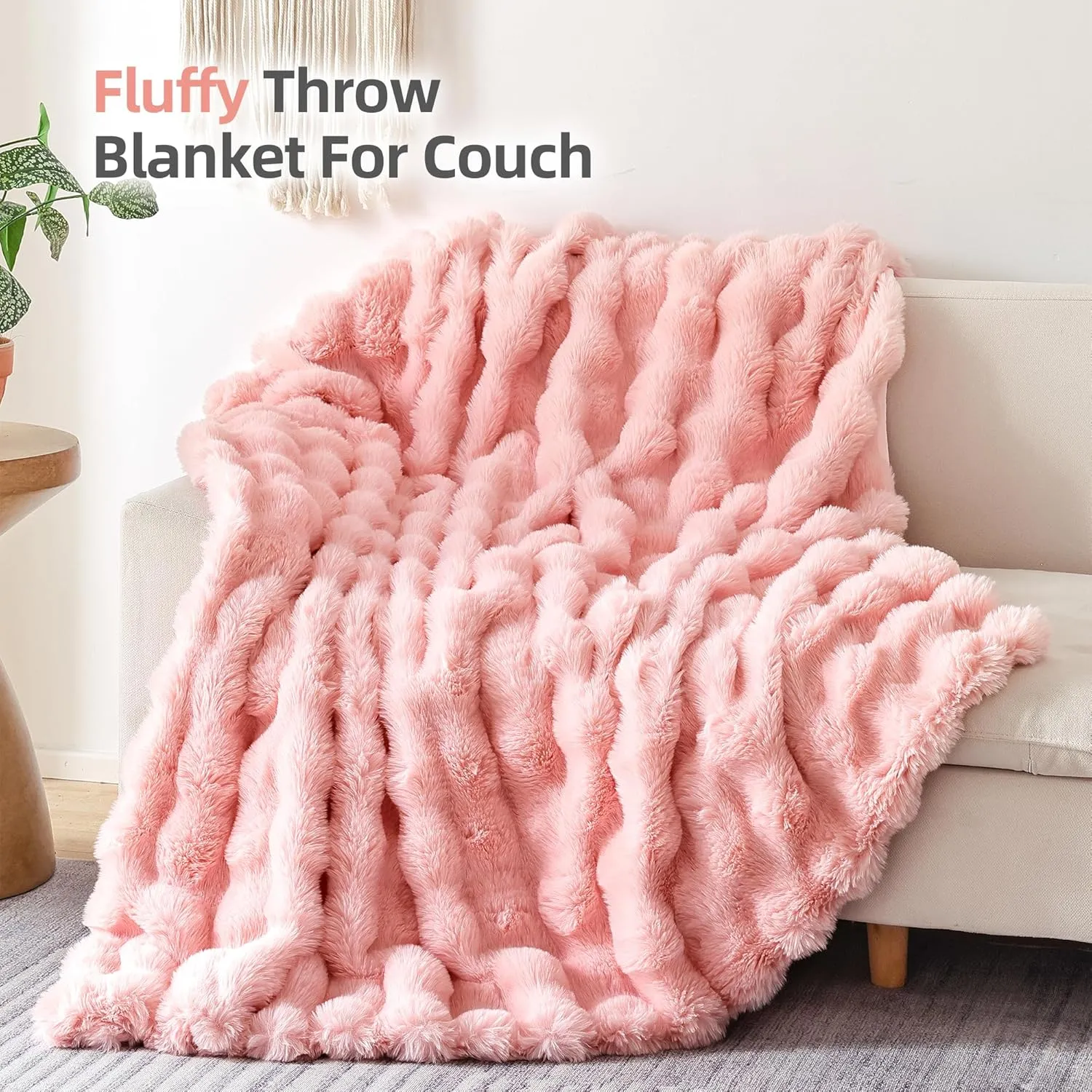 Smoofy Faux Fur Throw Blanket for Couch – Blush Pink Fluffy Cozy Rabbit Fleece, Plush Soft Bubble Blanket for Sofa & Bed, for Mom, Warm Fuzzy Home Room Decor Throw 50" x 60"