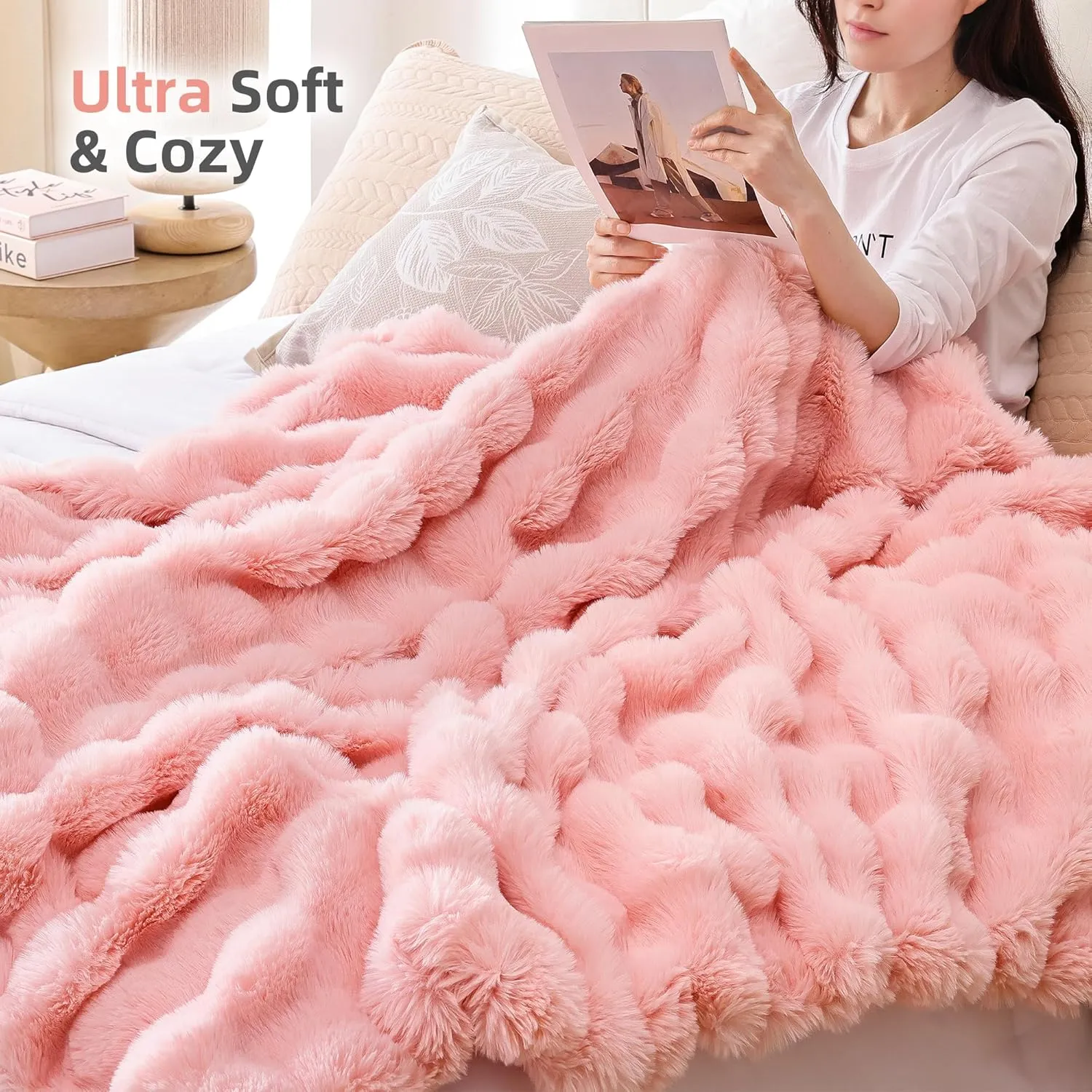 Smoofy Faux Fur Throw Blanket for Couch – Blush Pink Fluffy Cozy Rabbit Fleece, Plush Soft Bubble Blanket for Sofa & Bed, for Mom, Warm Fuzzy Home Room Decor Throw 50" x 60"