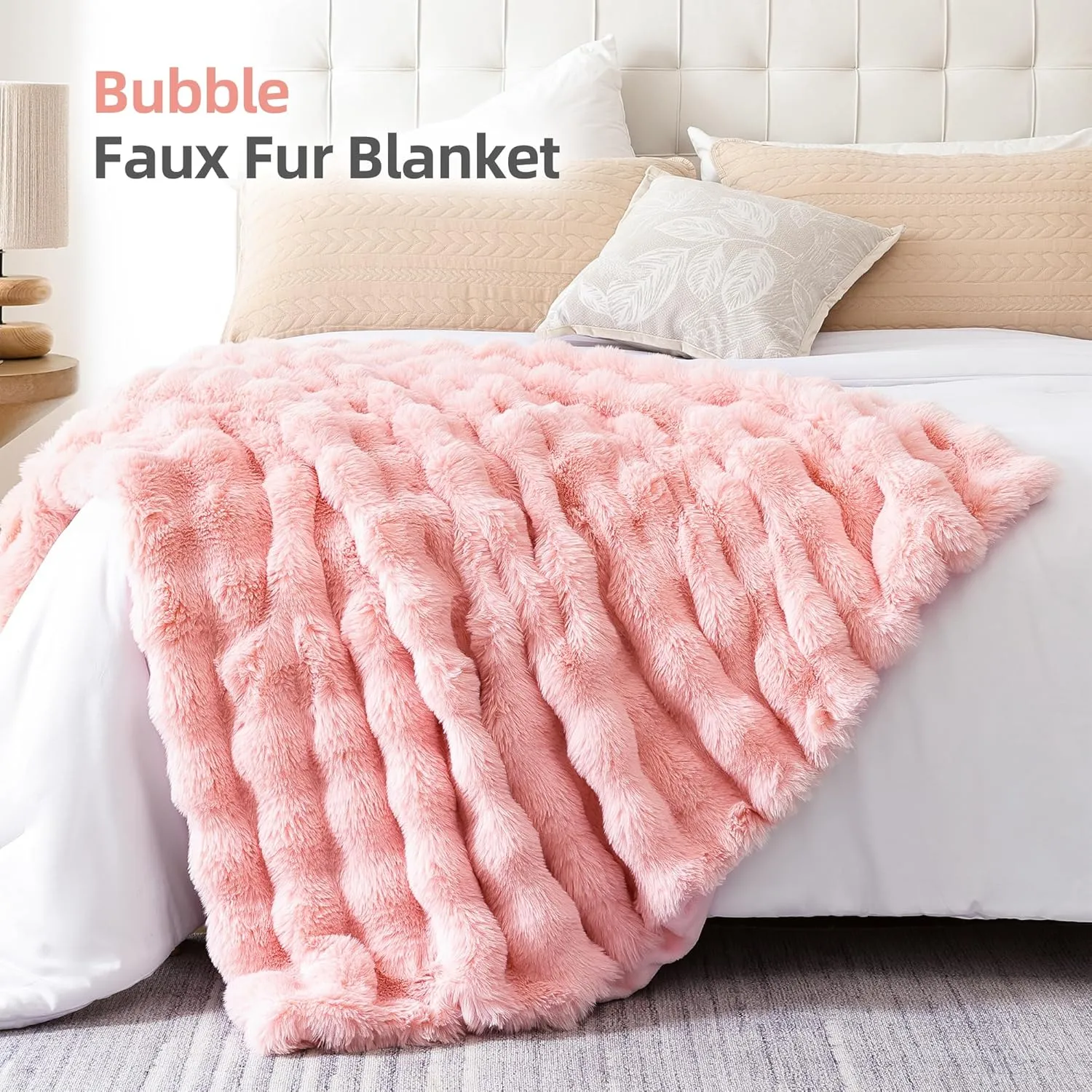 Smoofy Faux Fur Throw Blanket for Couch – Blush Pink Fluffy Cozy Rabbit Fleece, Plush Soft Bubble Blanket for Sofa & Bed, for Mom, Warm Fuzzy Home Room Decor Throw 50" x 60"