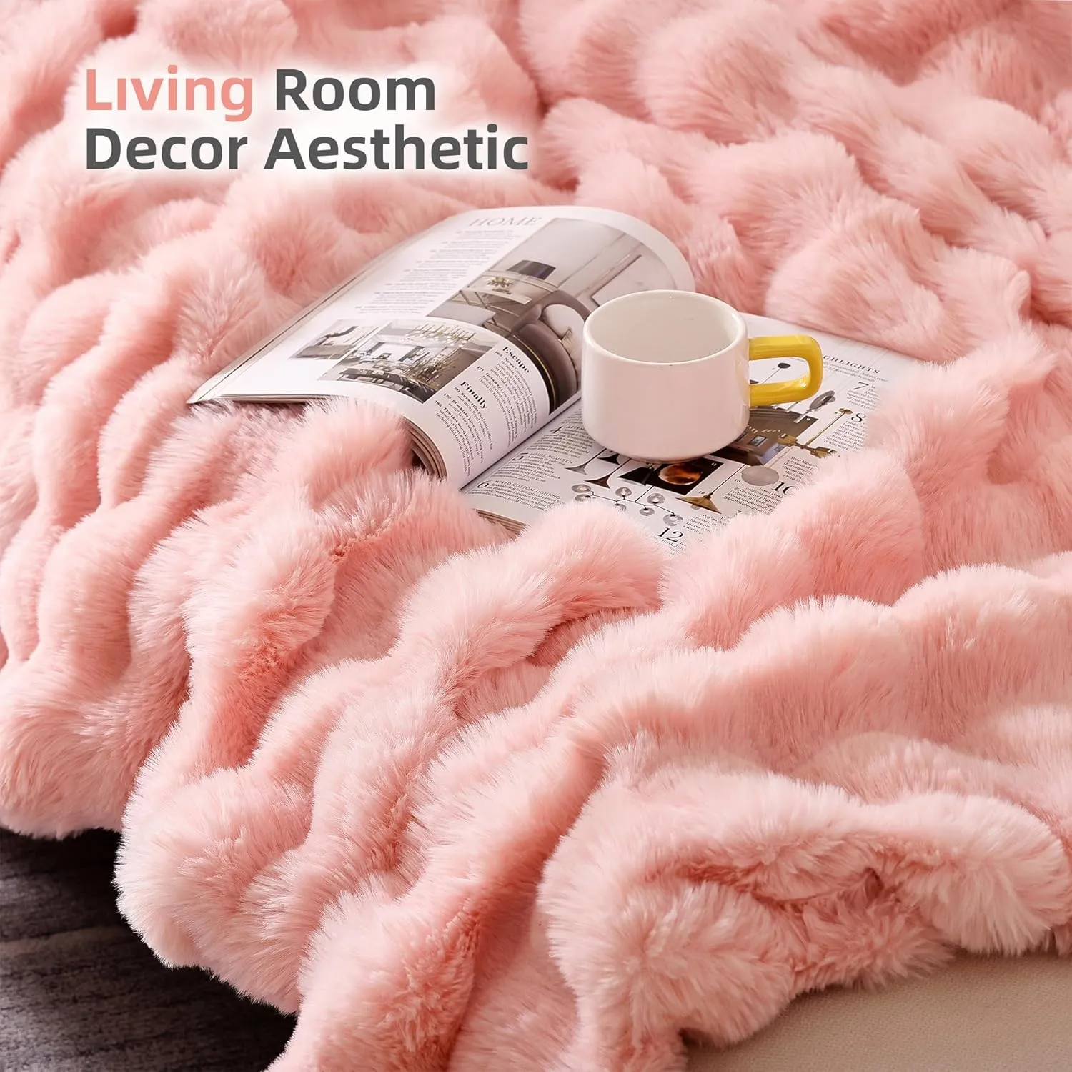 Smoofy Faux Fur Throw Blanket for Couch – Blush Pink Fluffy Cozy Rabbit Fleece, Plush Soft Bubble Blanket for Sofa & Bed, for Mom, Warm Fuzzy Home Room Decor Throw 50" x 60"