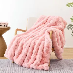 Smoofy Faux Fur Throw Blanket for Couch – Blush Pink Fluffy Cozy Rabbit Fleece, Plush Soft Bubble Blanket for Sofa & Bed, for Mom, Warm Fuzzy Home Room Decor Throw 50" x 60"