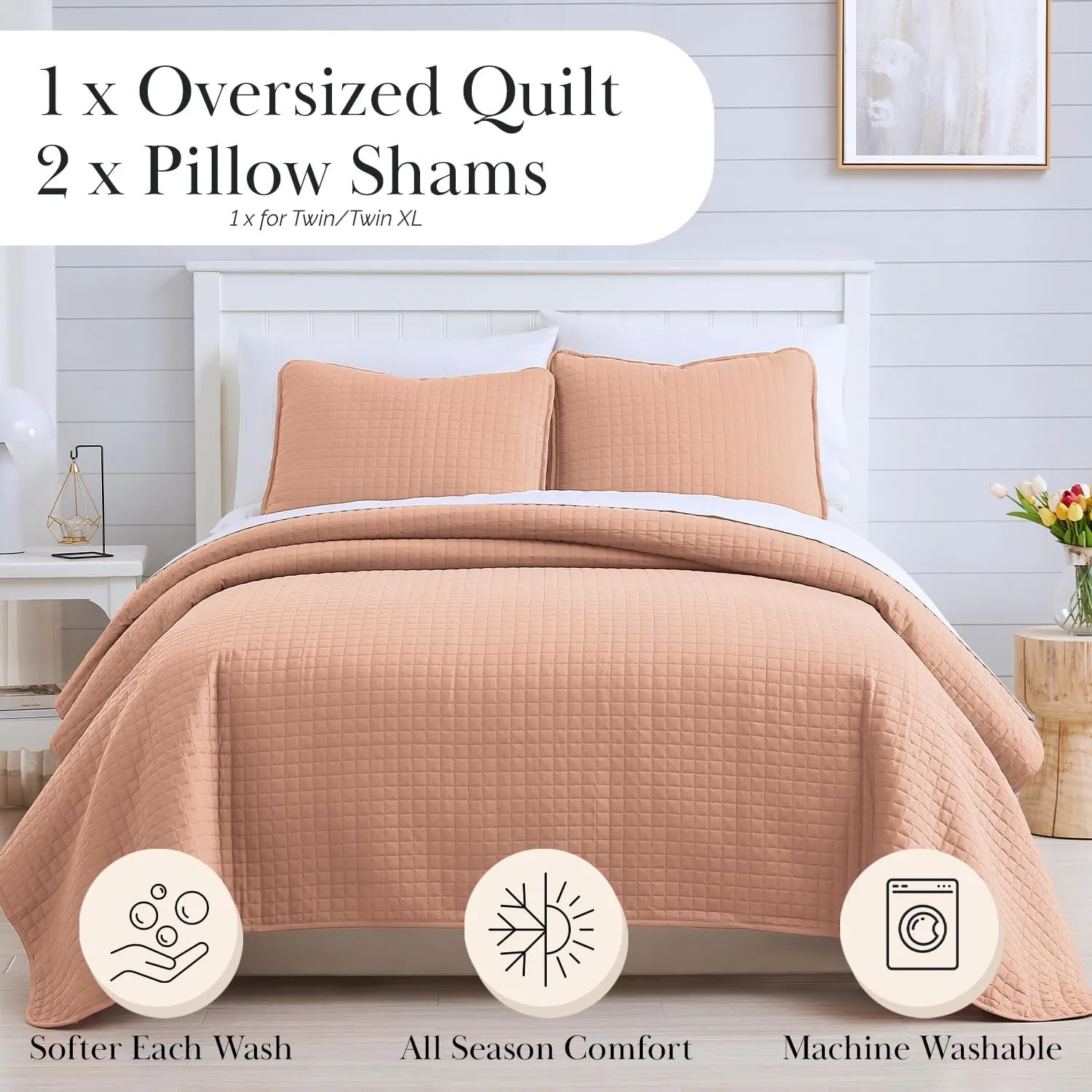 Southshore Fine Living, Inc. Oversized King Quilt Set, Blush Pink Quilt Bedspread with 2 Matching Pillow Shams, Machine Washable Cal/King Quilts, Hotel Quality Bedding, Soft & Cozy Coverlet, Blush