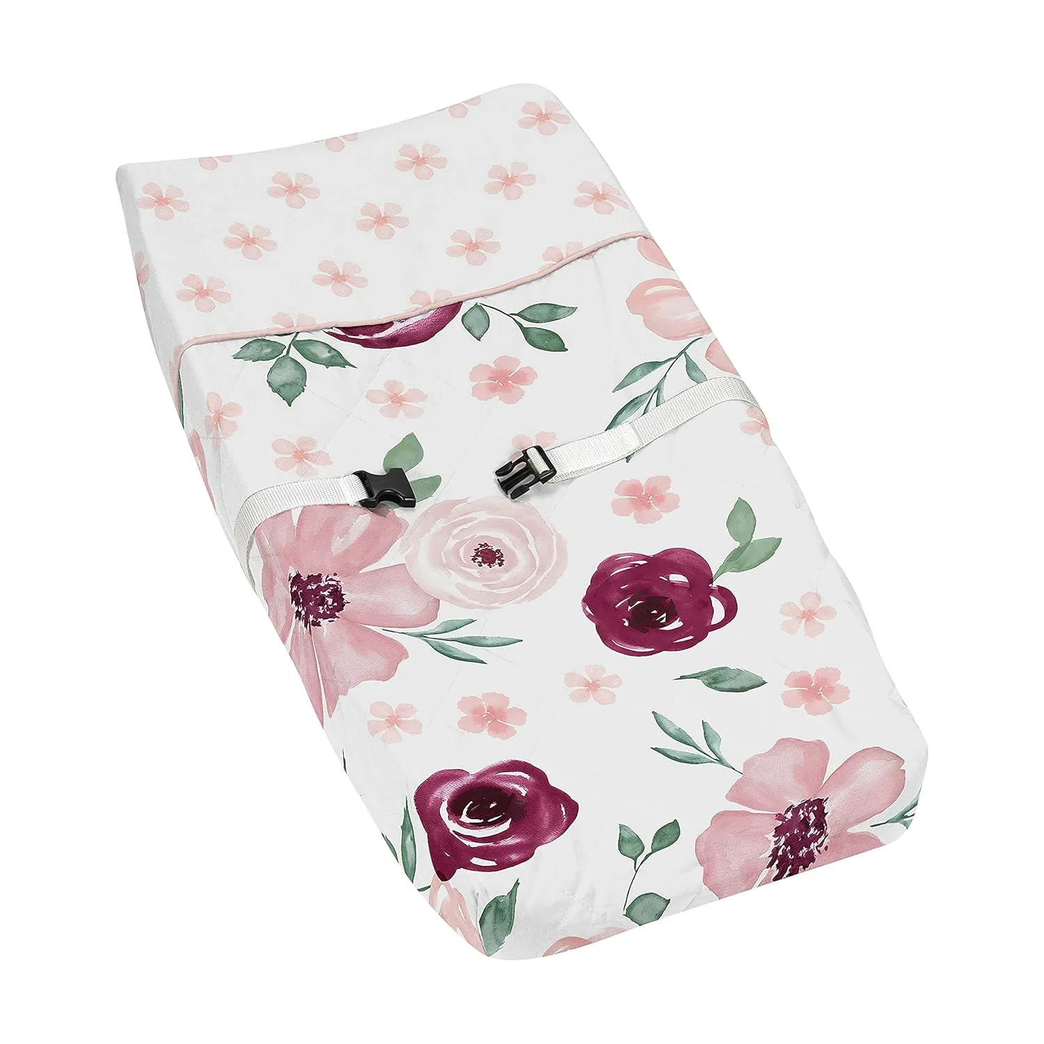 Sweet Jojo Designs Burgundy Watercolor Floral Girl Baby Nursery Changing Pad Cover - Blush Pink, Maroon, Wine, Rose, Green and White Shabby Chic Flower Farmhouse