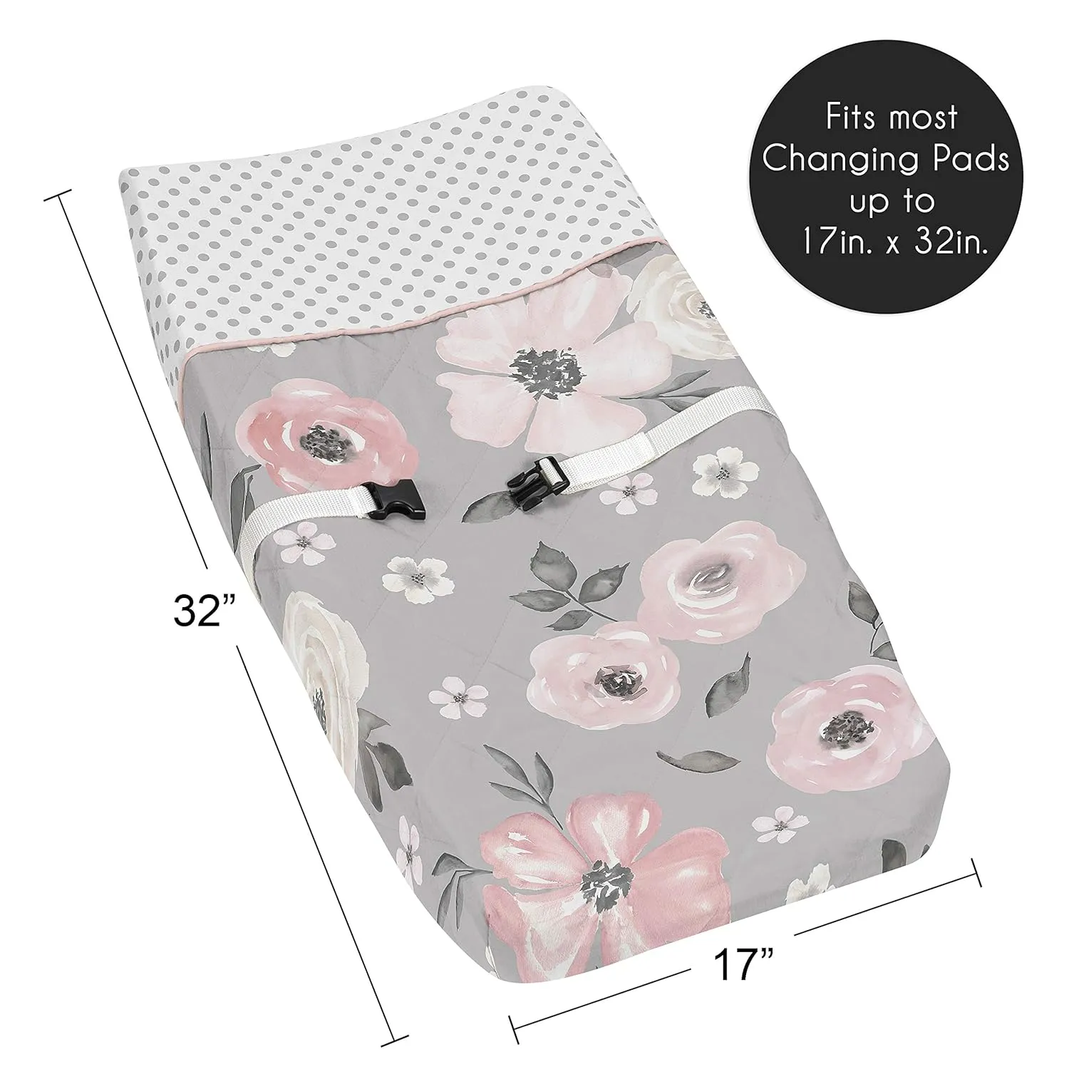 Sweet Jojo Designs Grey Watercolor Floral Girl Baby Nursery Changing Pad Cover - Blush Pink Gray and White Shabby Chic Rose Flower Polka Dot Farmhouse