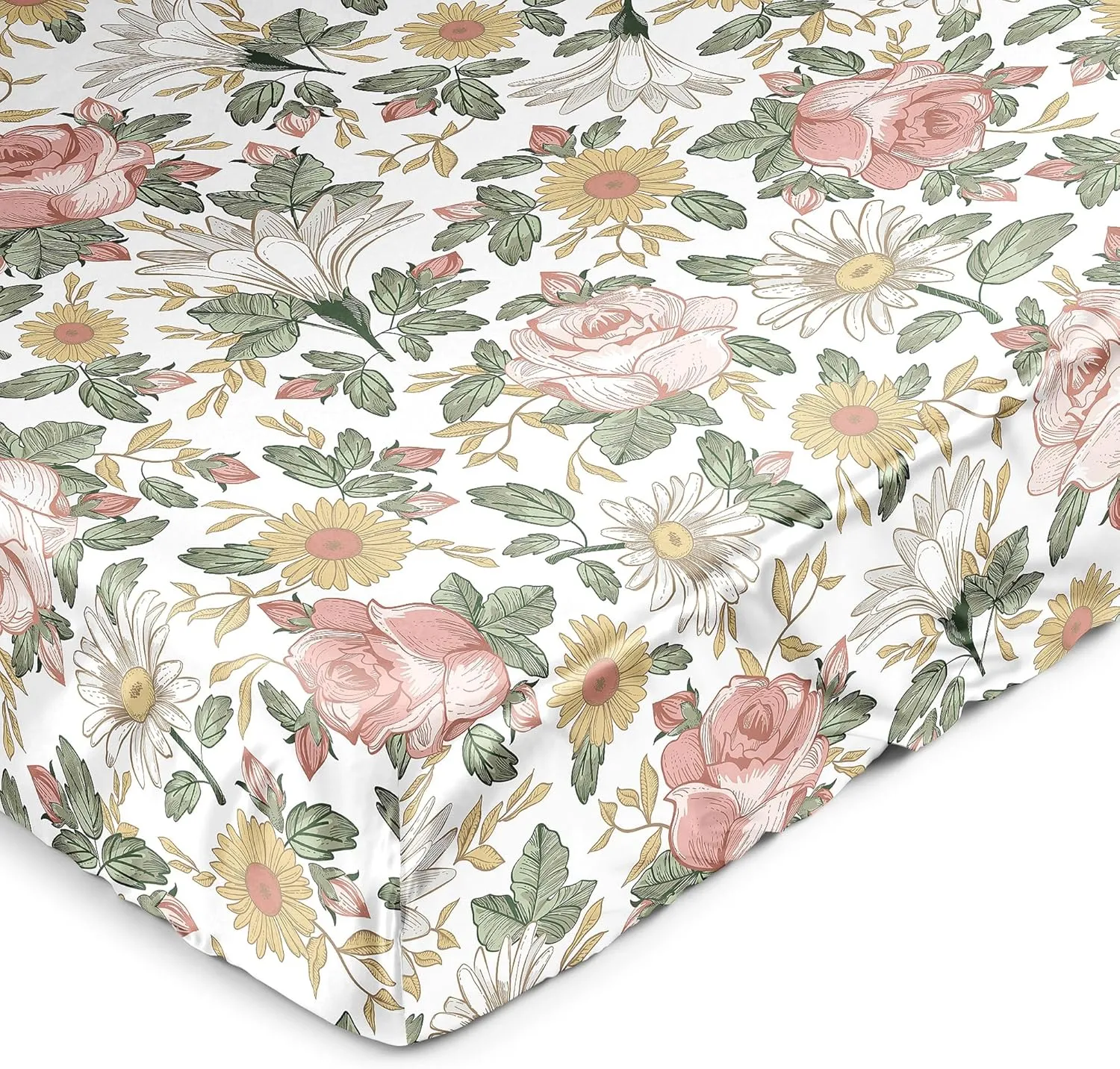 Sweet Jojo Designs Vintage Floral Boho Girl Baby Satin Fitted Crib Sheet Infant Newborn Nursery Toddler Bed Room Standard Mattress Blush Pink Yellow Bohemian Shabby Chic Farmhouse Sage Green White