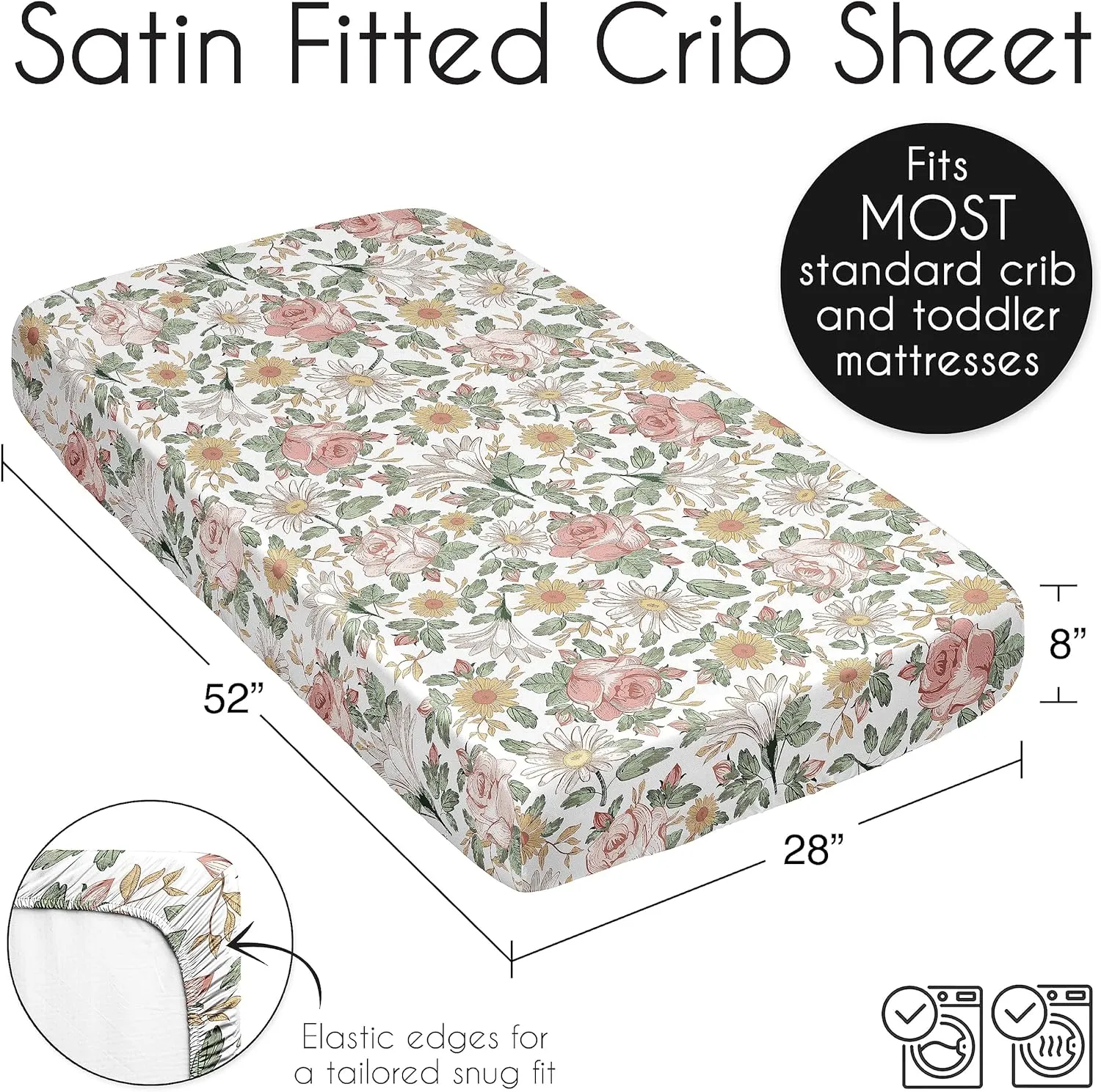 Sweet Jojo Designs Vintage Floral Boho Girl Baby Satin Fitted Crib Sheet Infant Newborn Nursery Toddler Bed Room Standard Mattress Blush Pink Yellow Bohemian Shabby Chic Farmhouse Sage Green White