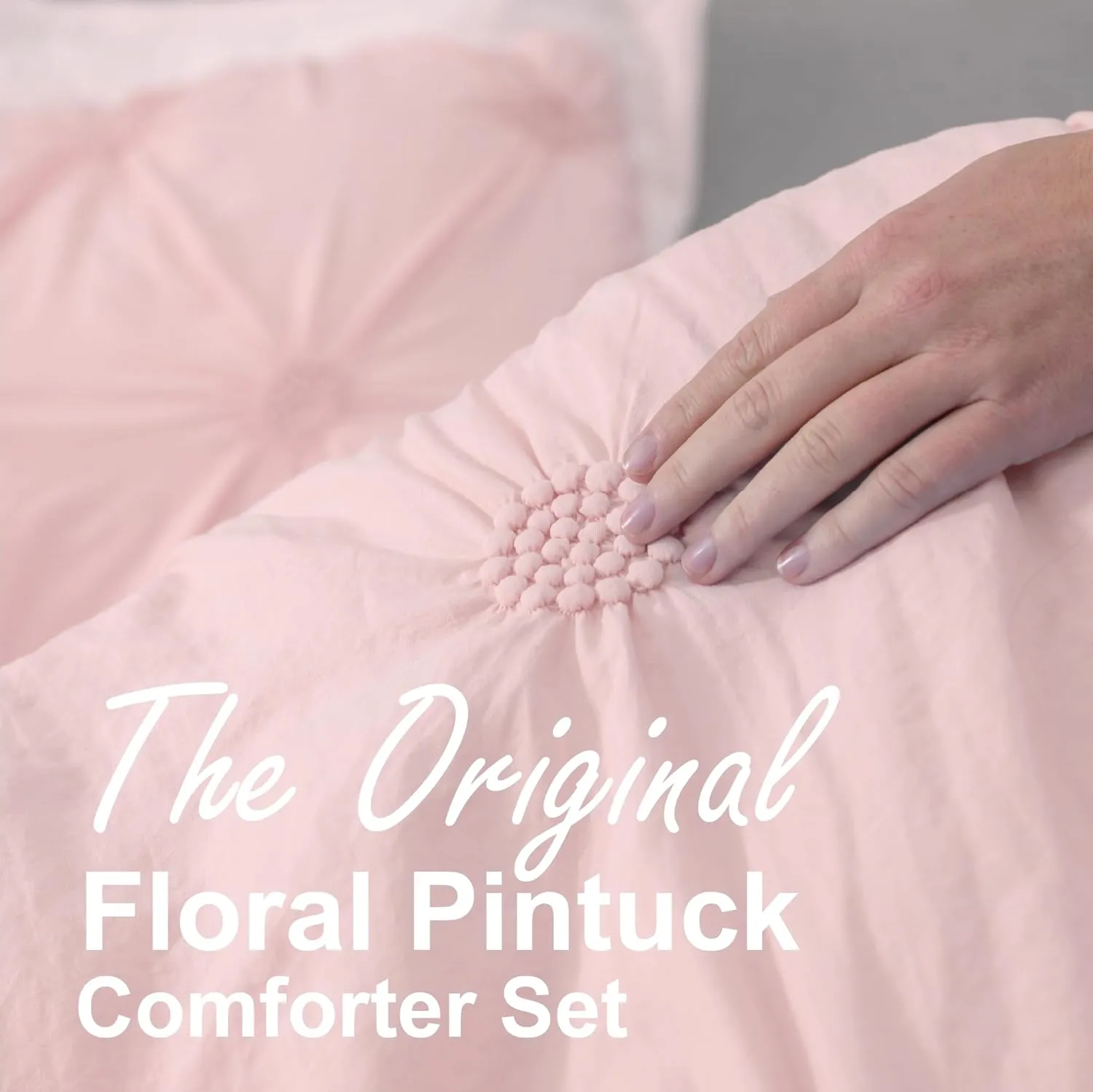 Swift Home King Baby Pink Rose Blush Comforter Set - Ruched 3D Floral Pintuck Bedding Set - 3 Pieces Bed Linen, 1 Comforter and 2 Pillow Shams