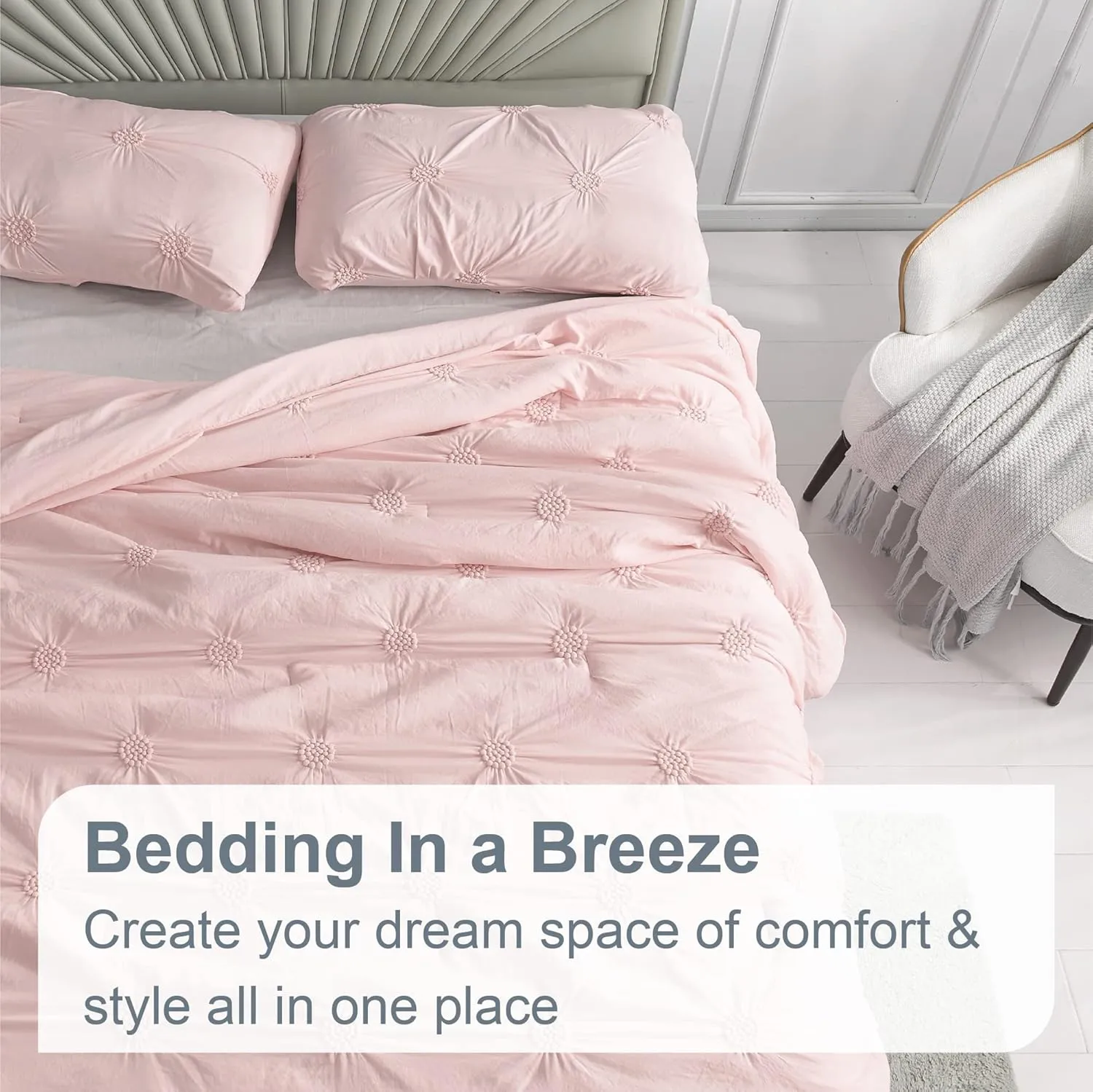 Swift Home King Baby Pink Rose Blush Comforter Set - Ruched 3D Floral Pintuck Bedding Set - 3 Pieces Bed Linen, 1 Comforter and 2 Pillow Shams