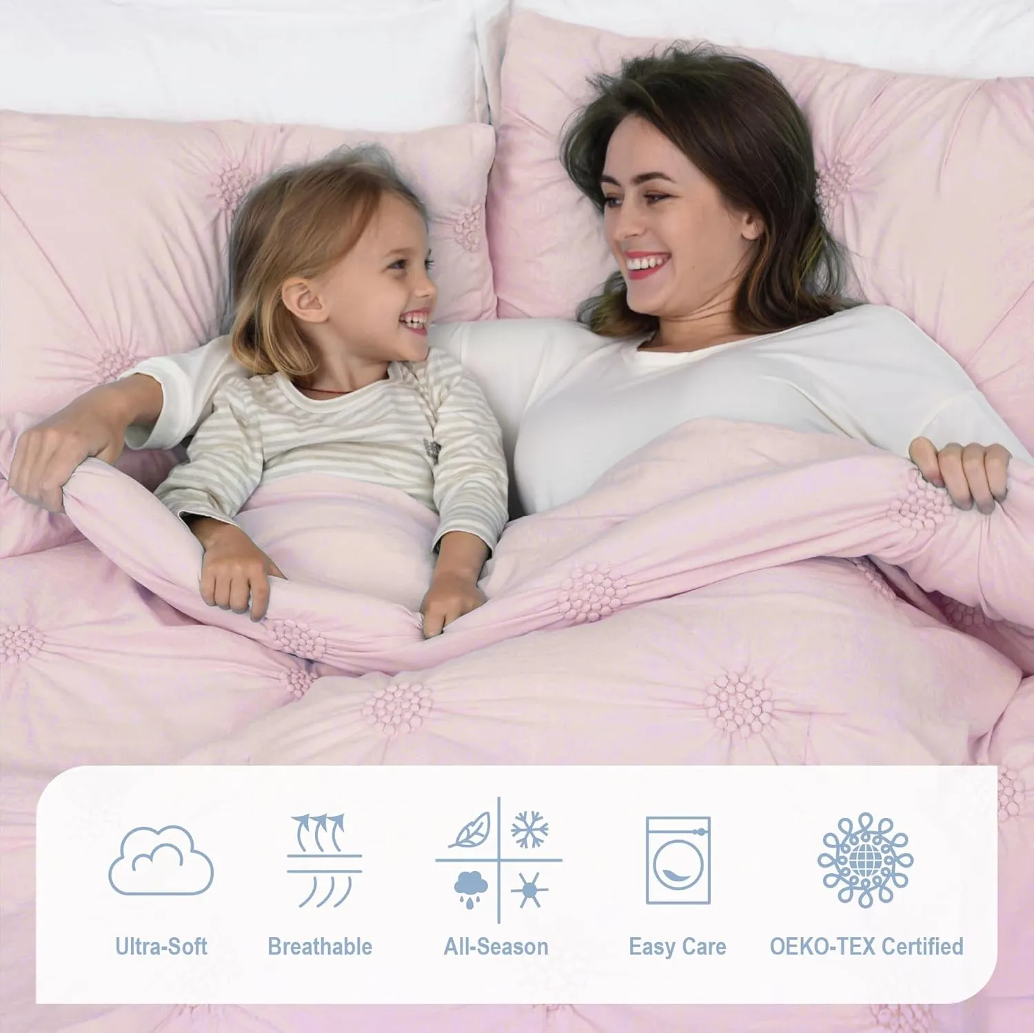 Swift Home King Baby Pink Rose Blush Comforter Set - Ruched 3D Floral Pintuck Bedding Set - 3 Pieces Bed Linen, 1 Comforter and 2 Pillow Shams